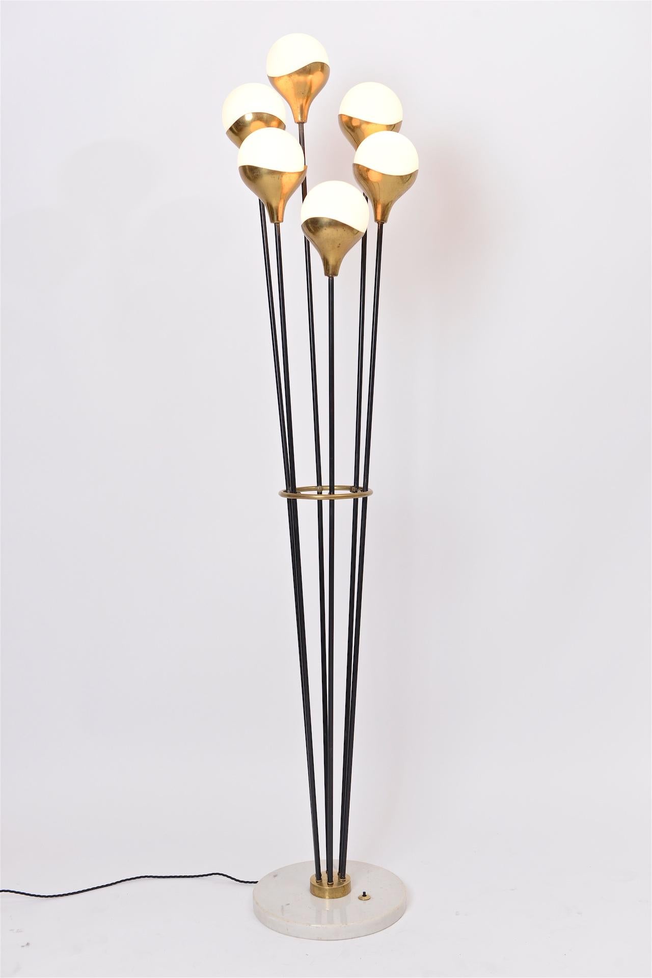 Italian Brass and Glass Six Globes Floor Lamp Stilnovo Style For Sale 1