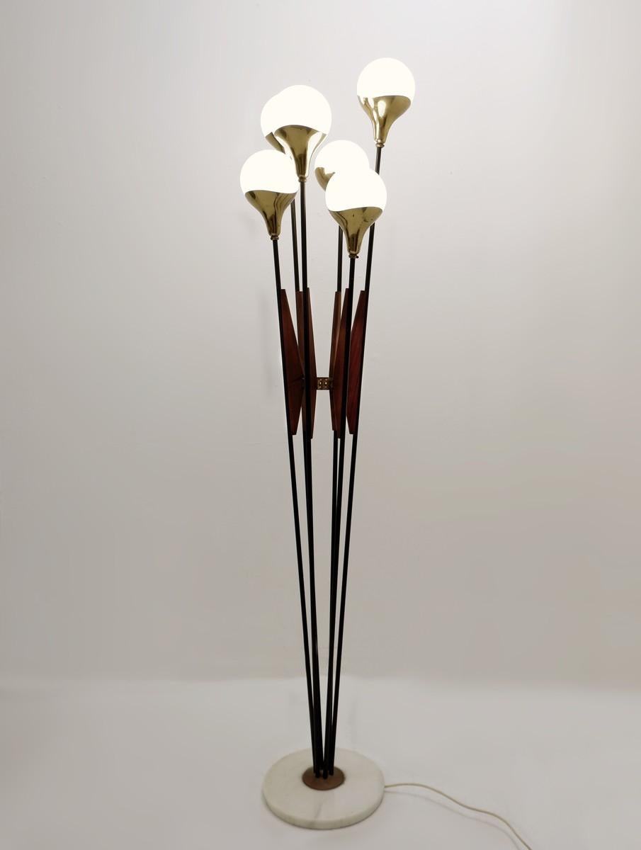 Italian Brass and Glass Six Globes Floor Lamp Stilnovo Style For Sale 2