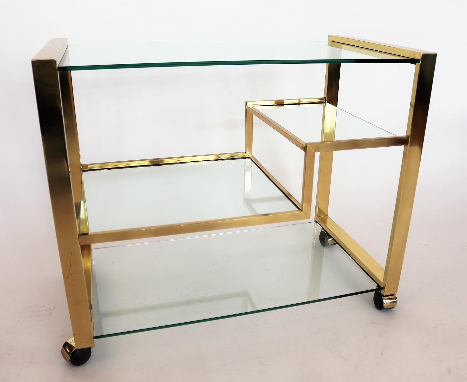 Polished Italian Brass and Glass Bar Trolley or Cart in the Hollywood Regency Style, 1970