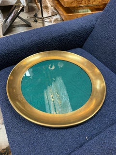 Italian Brass and Green Glass Decorative Catchall Tray, 1970s