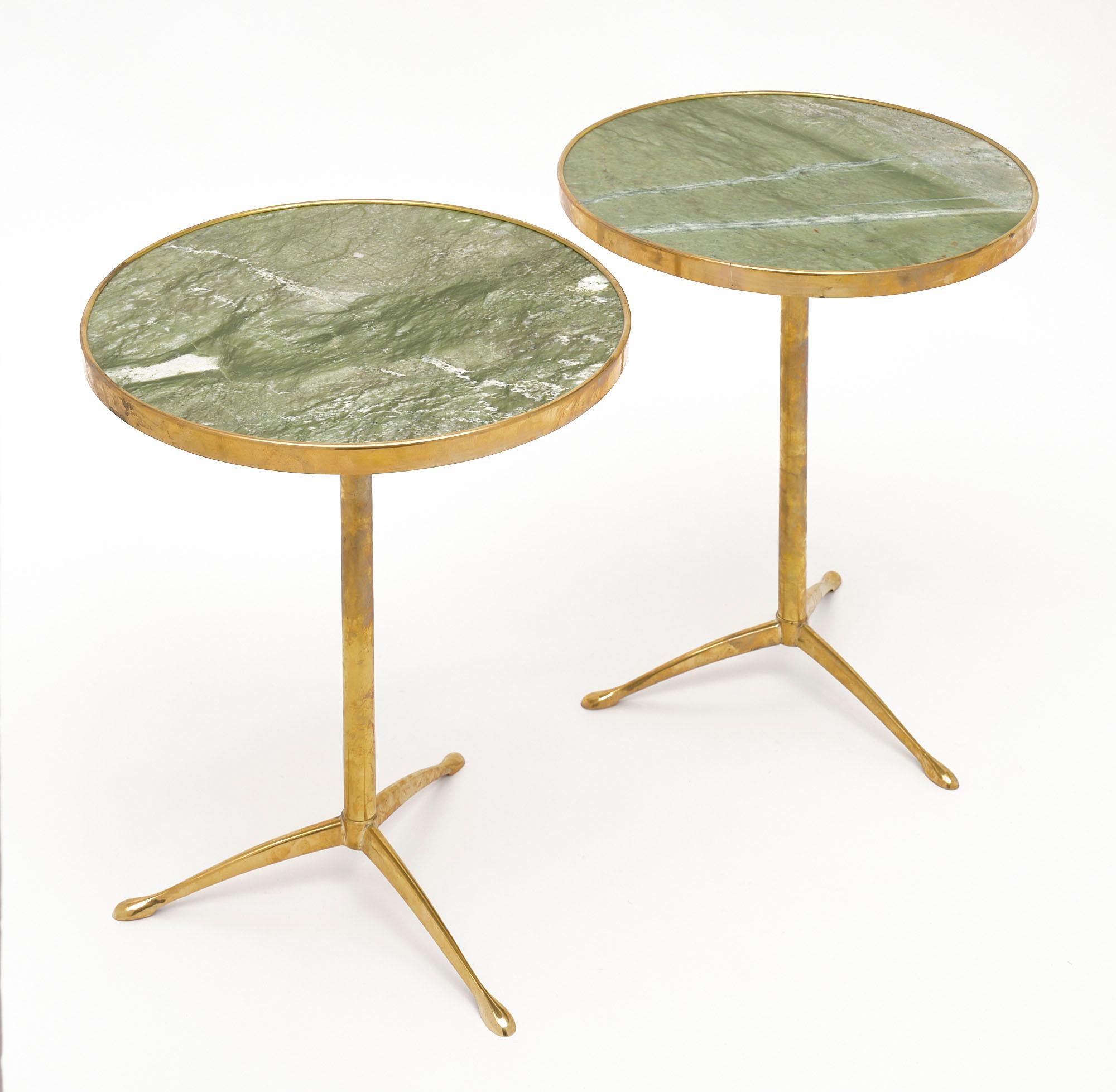 Pair of Italian brass and green marble side tables with beautiful “pieta verde” marble tops and solid gilt brass tripod structures.