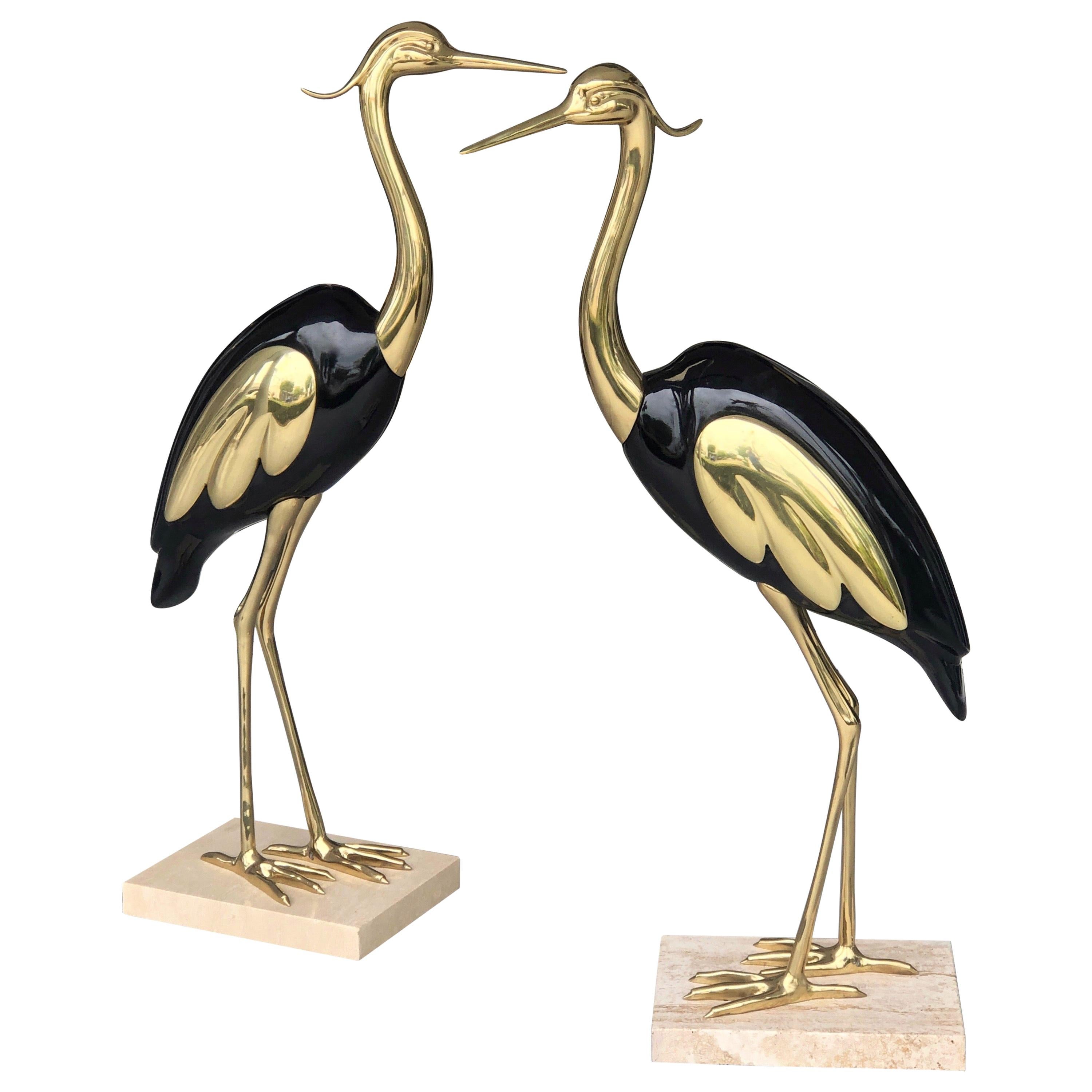 Italian Brass and Lacquer Pair of Life-Size Bird Sculpture