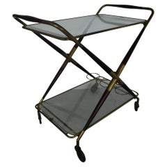 Italian Brass and Lacquered with tray Bar Cart by Cesare Lacca, 1950s