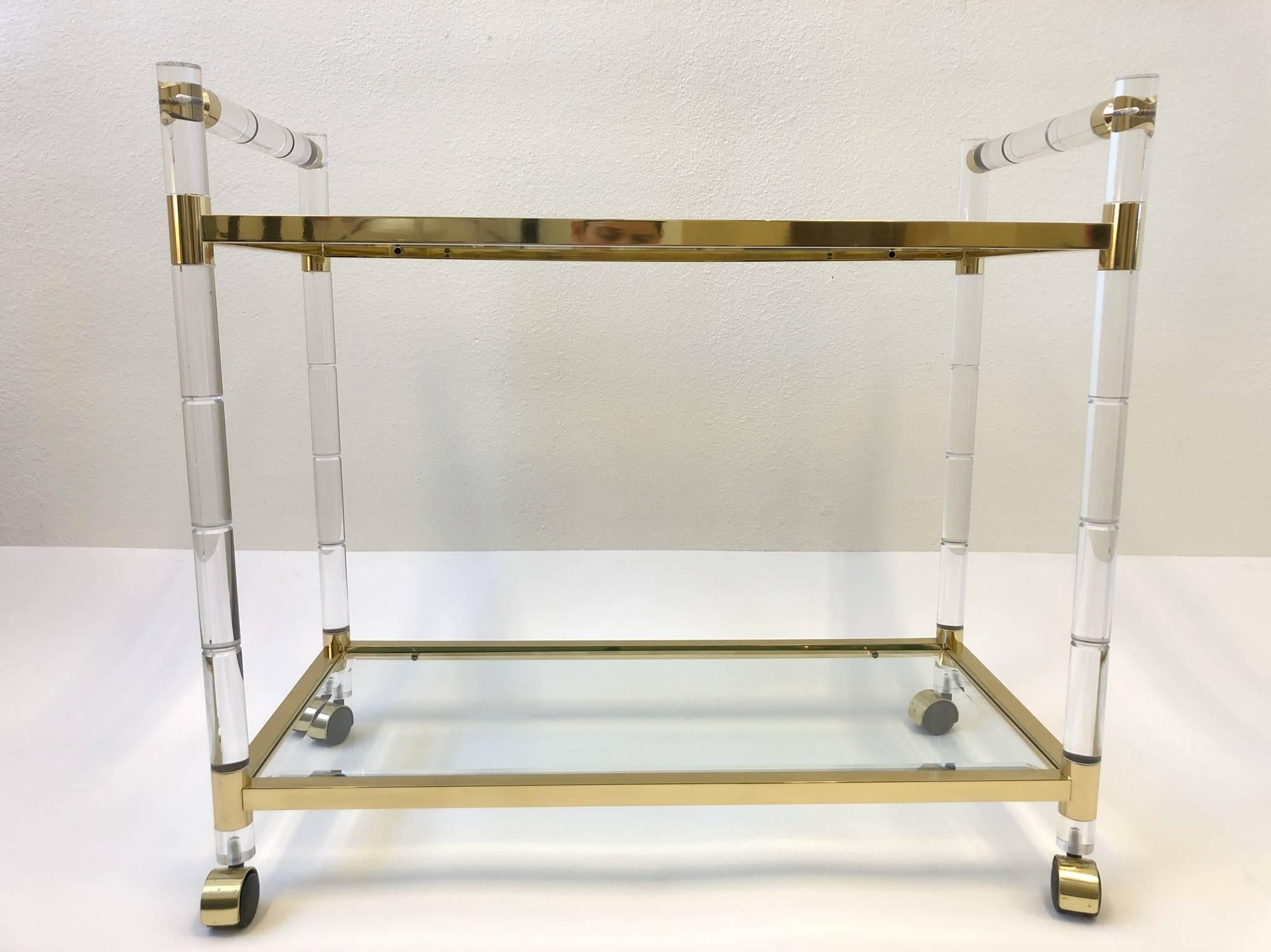 Beveled Italian Brass and Lucite Bar Cart in the Manner of Charles Hollis Jones