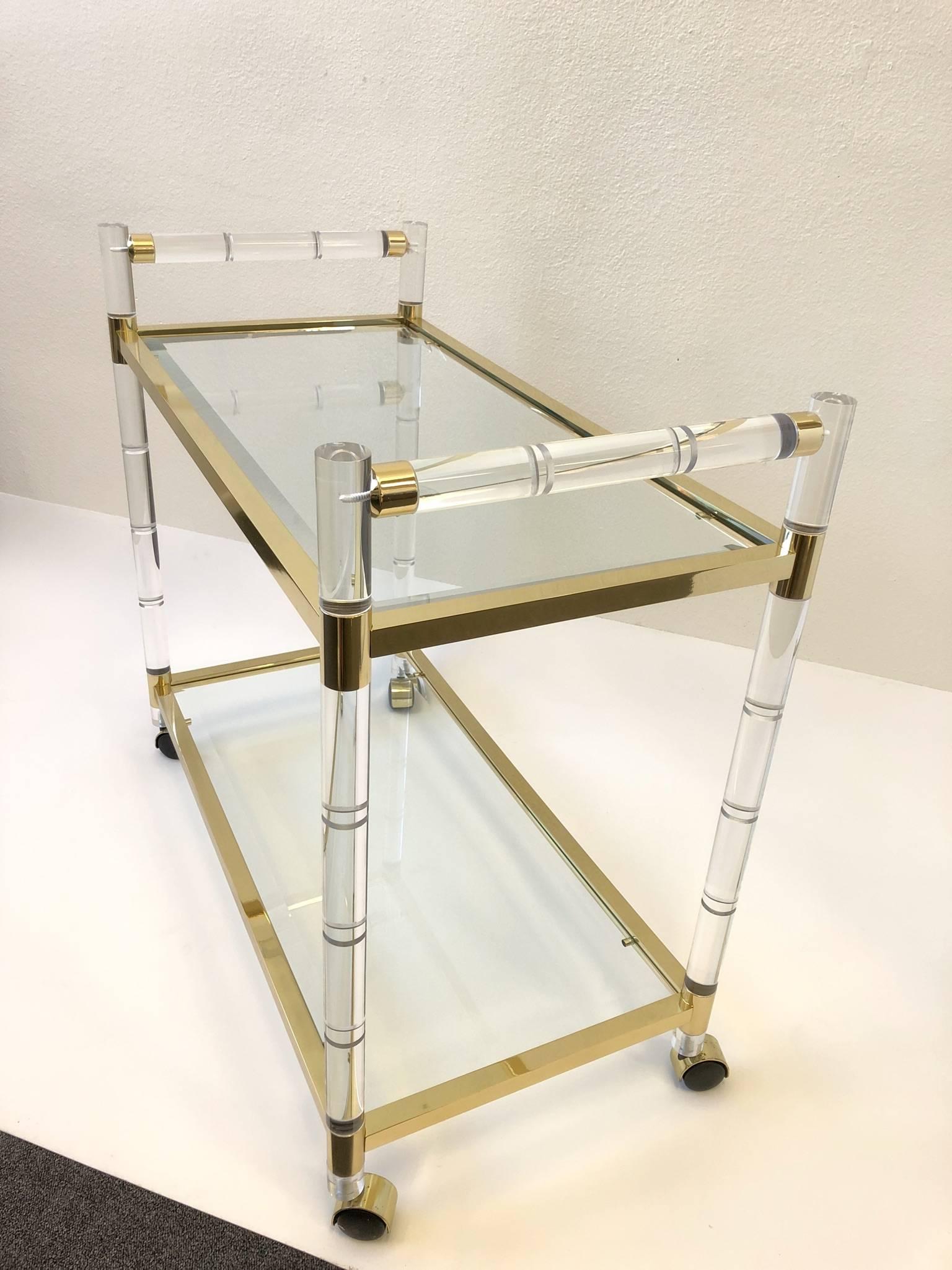 Italian Brass and Lucite Bar Cart in the Manner of Charles Hollis Jones 1