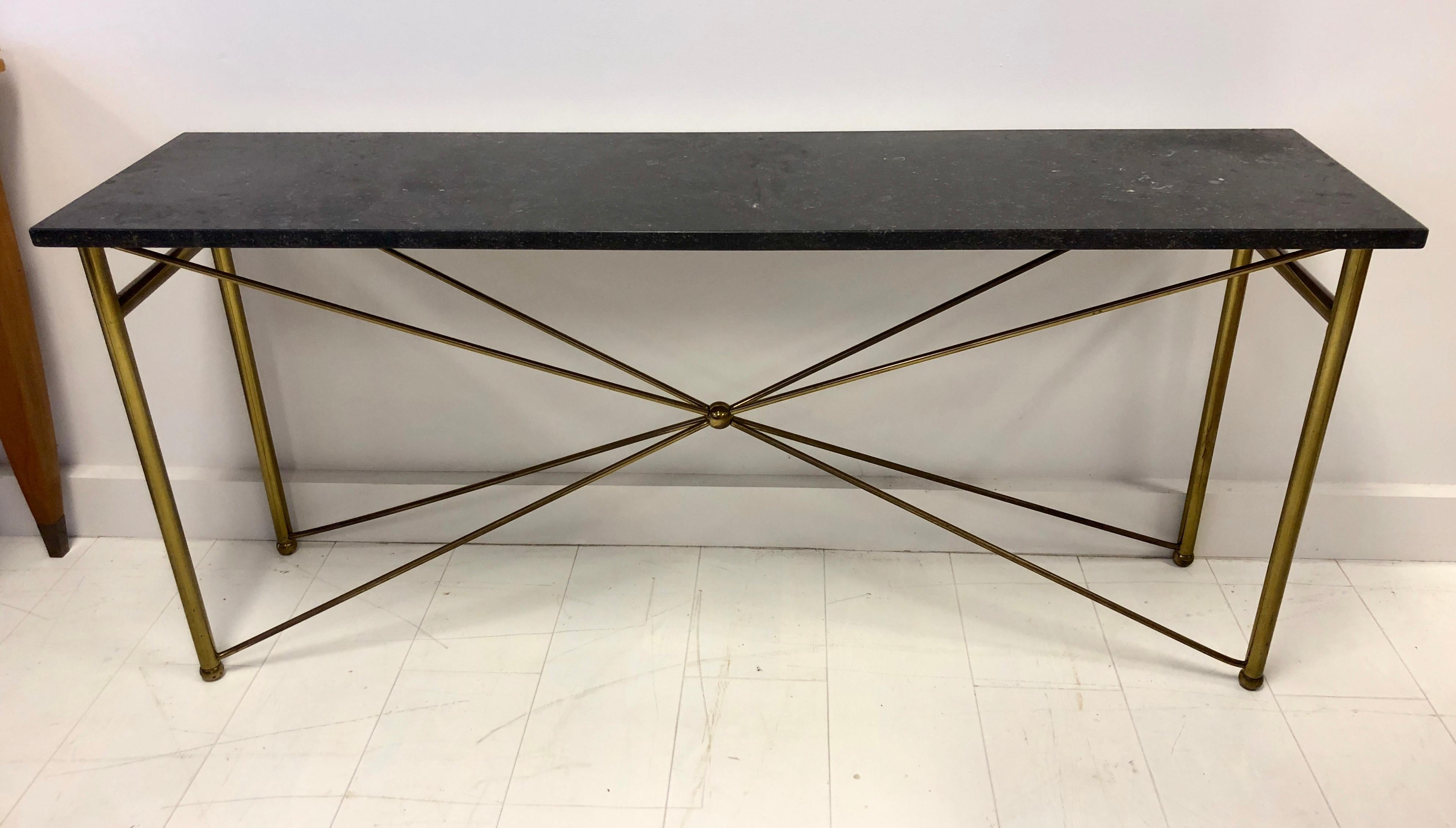 1960s era brass console table with decorative stretchers intersecting in a centred orb. Marble top is 1