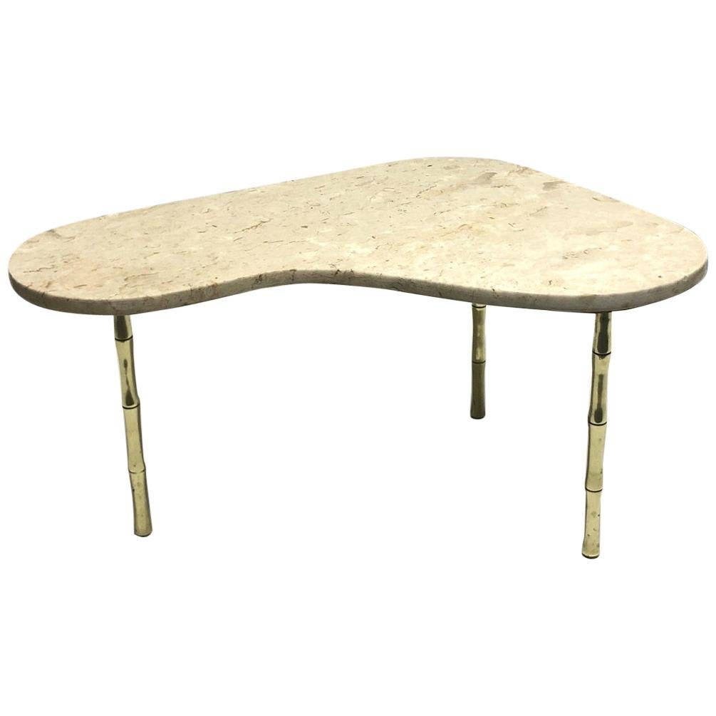 Italian Brass and Marble-Top Boomerang Shaped Coffee Table For Sale