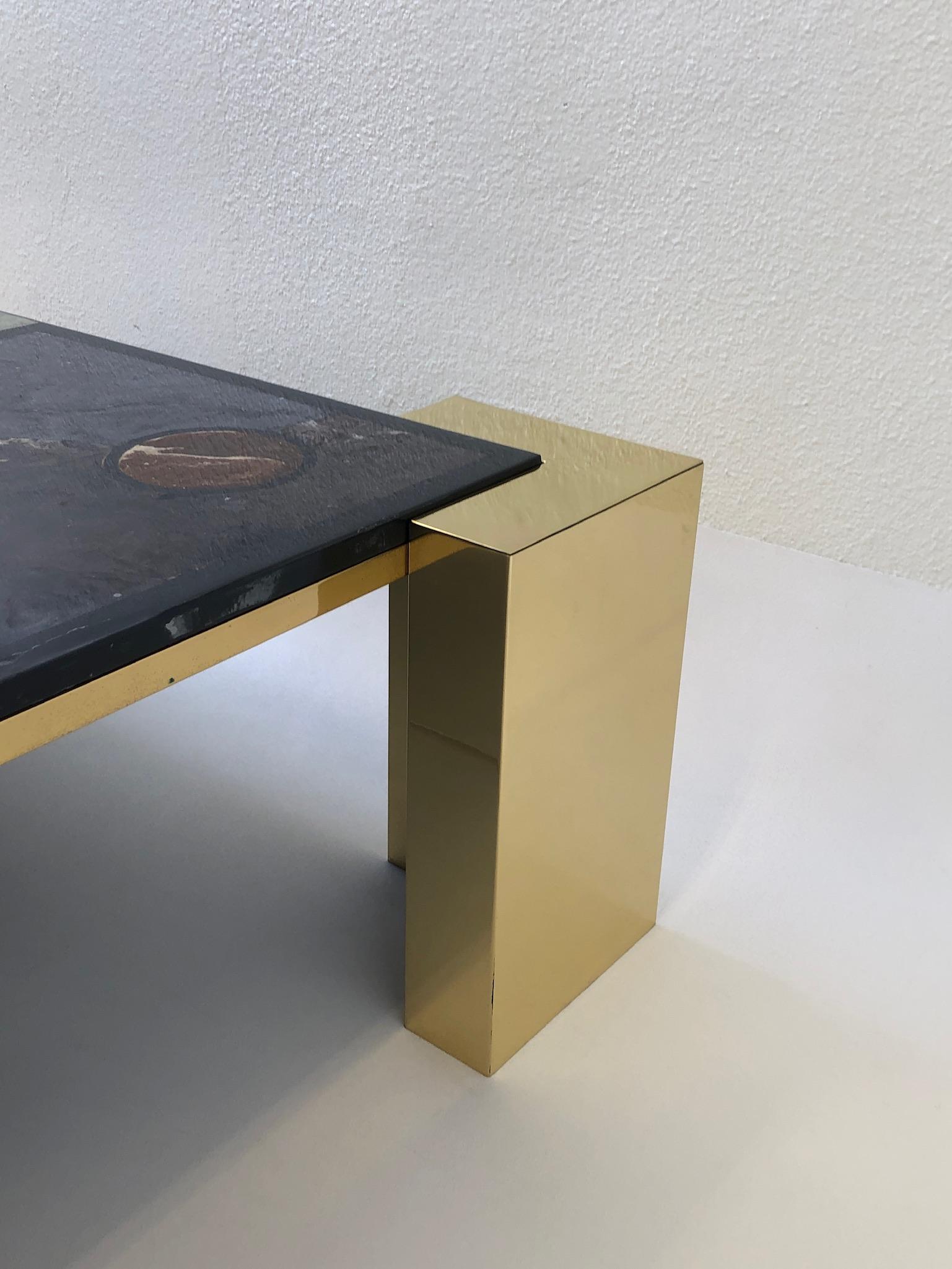 Polished Italian Brass and Marbleized Cocktail Table by Marcello Mioni