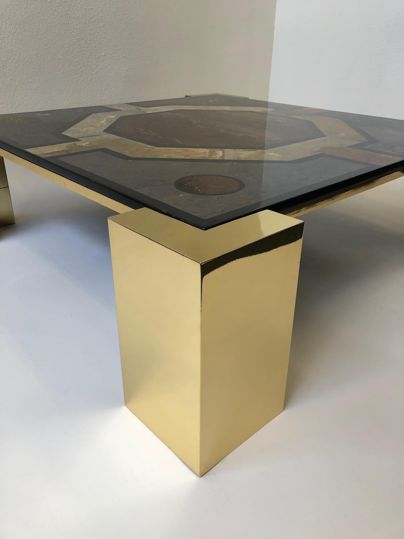 Italian Brass and Marbleized Cocktail Table by Marcello Mioni In Excellent Condition In Palm Springs, CA