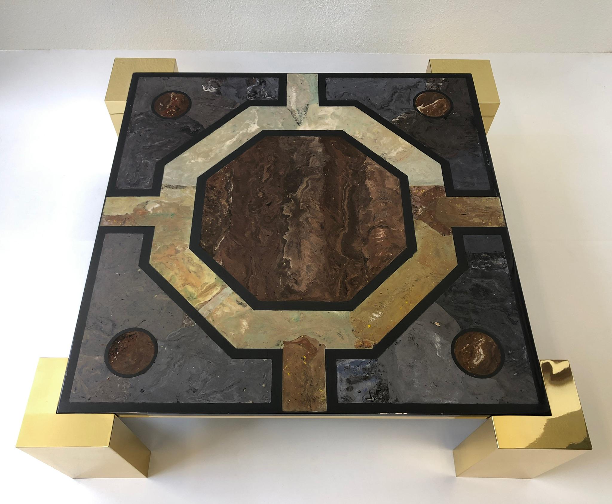 Late 20th Century Italian Brass and Marbleized Cocktail Table by Marcello Mioni