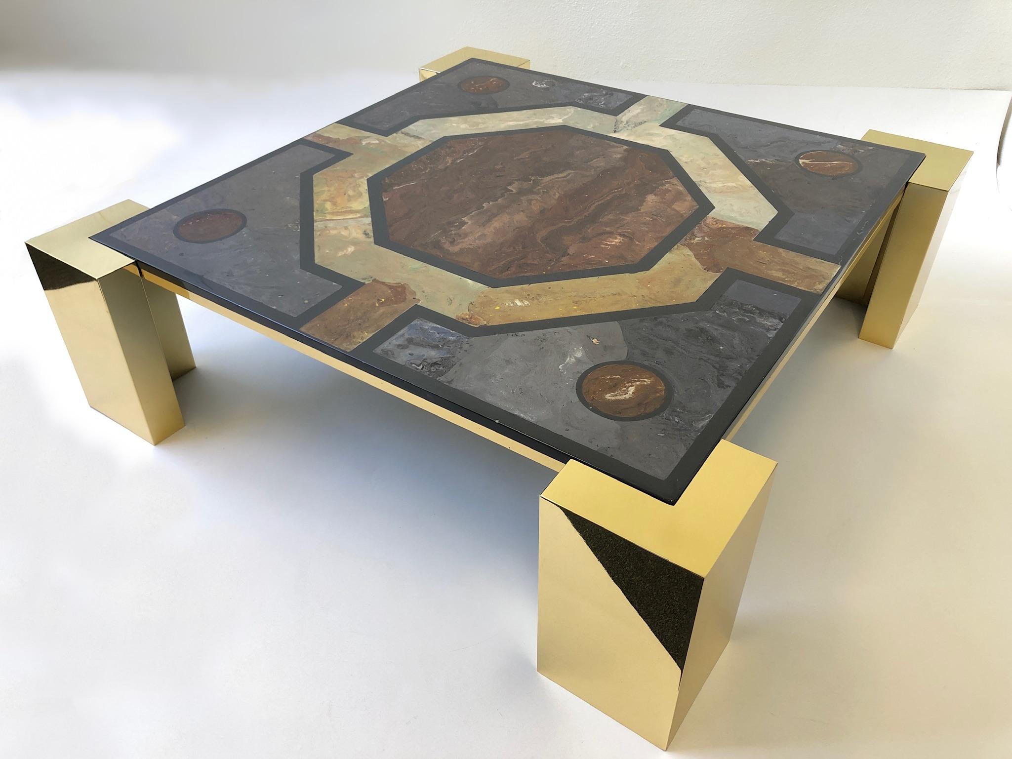Italian Brass and Marbleized Cocktail Table by Marcello Mioni 1