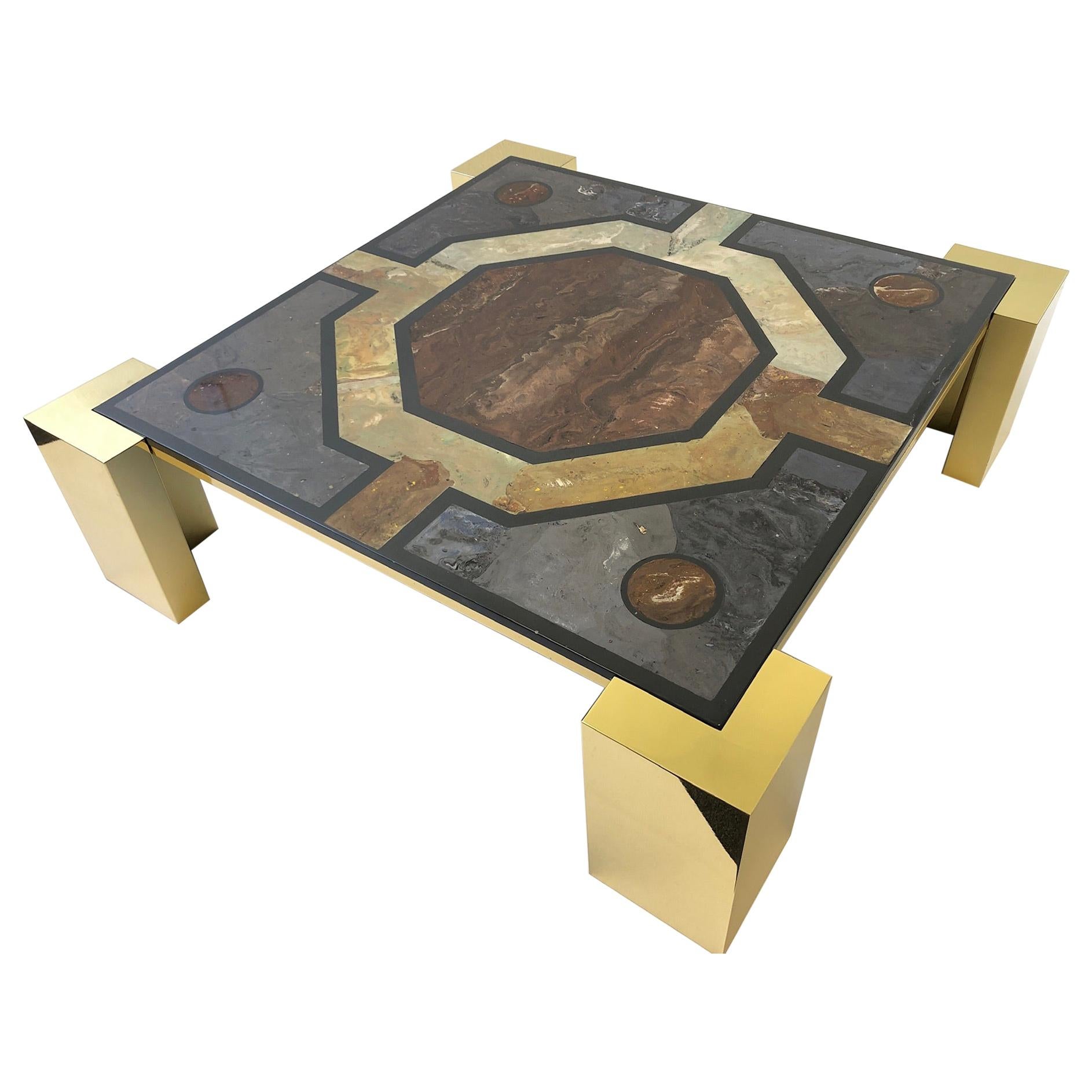 Italian Brass and Marbleized Cocktail Table by Marcello Mioni