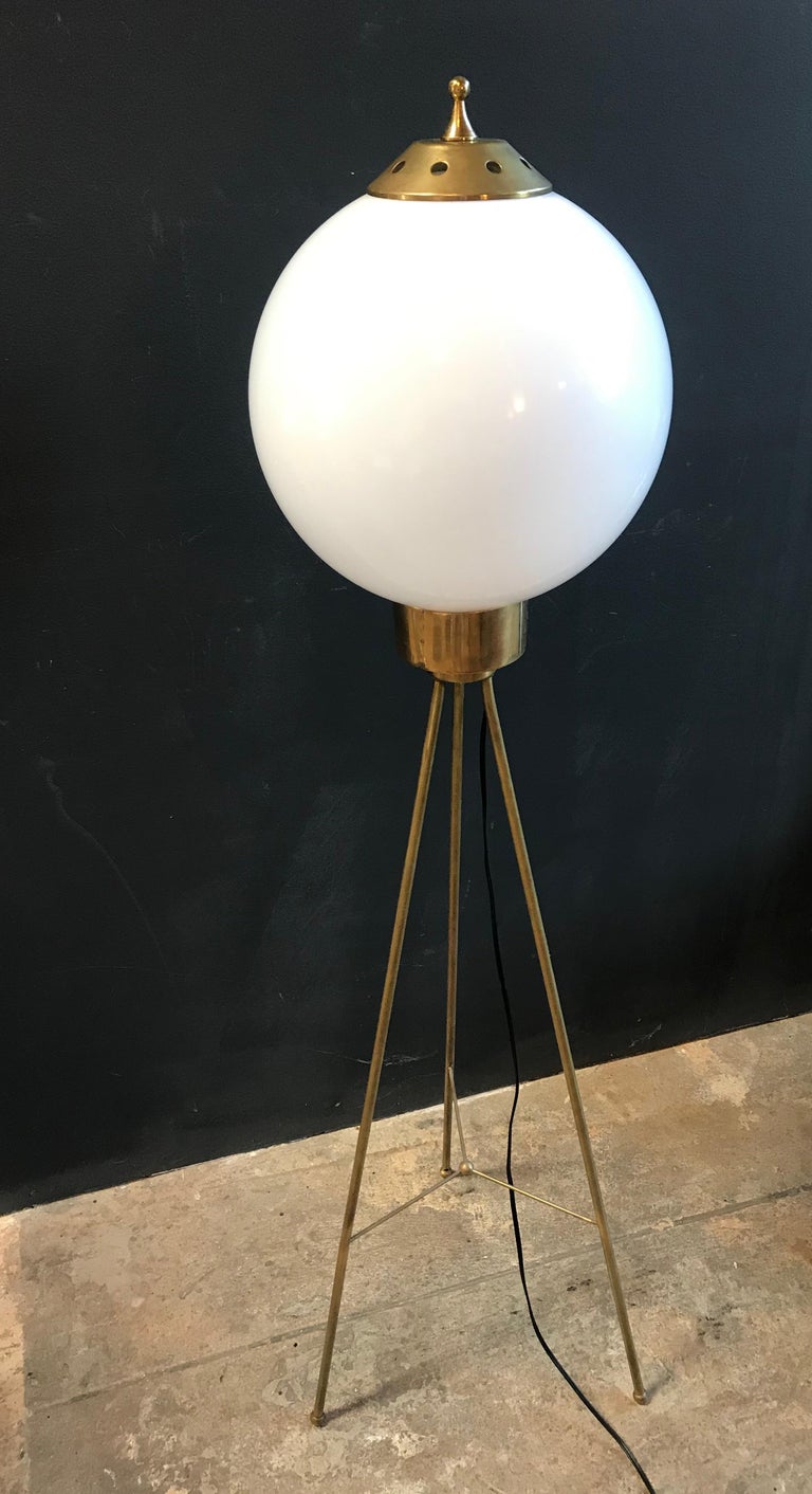 Italian Brass and Milk Glass Shape Tripod Floor Lamp, 1950s at 1stDibs