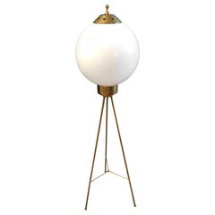 Italian Brass and Milk Glass Shape Tripod Floor Lamp, 1950s