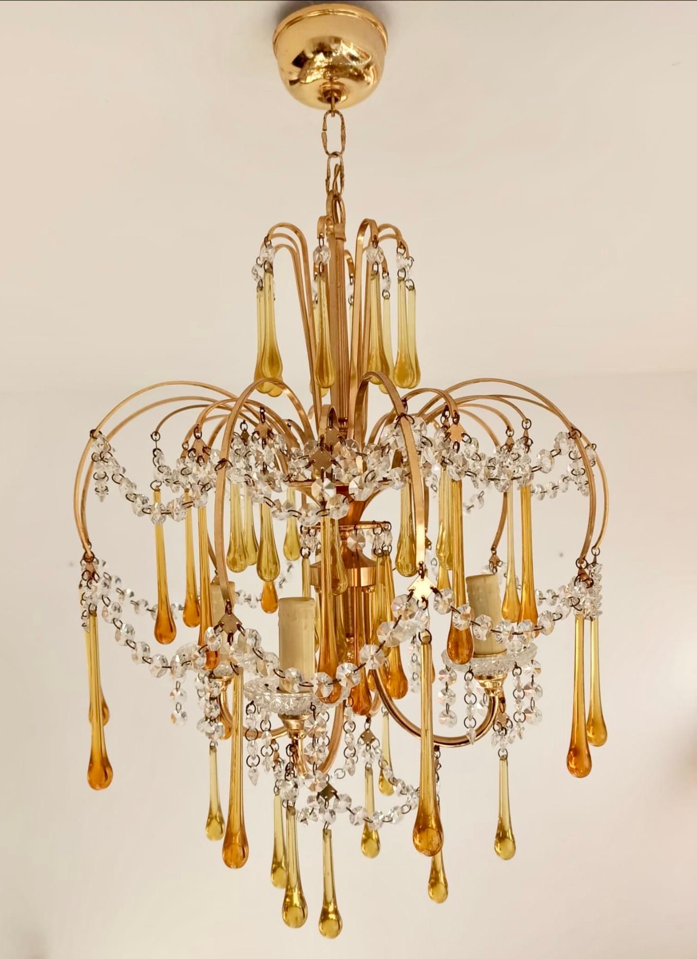 Italian Brass and Murano Amber Glass Tear Drop Chandelier by Paolo Venini, 1960 In Good Condition For Sale In Paris, France