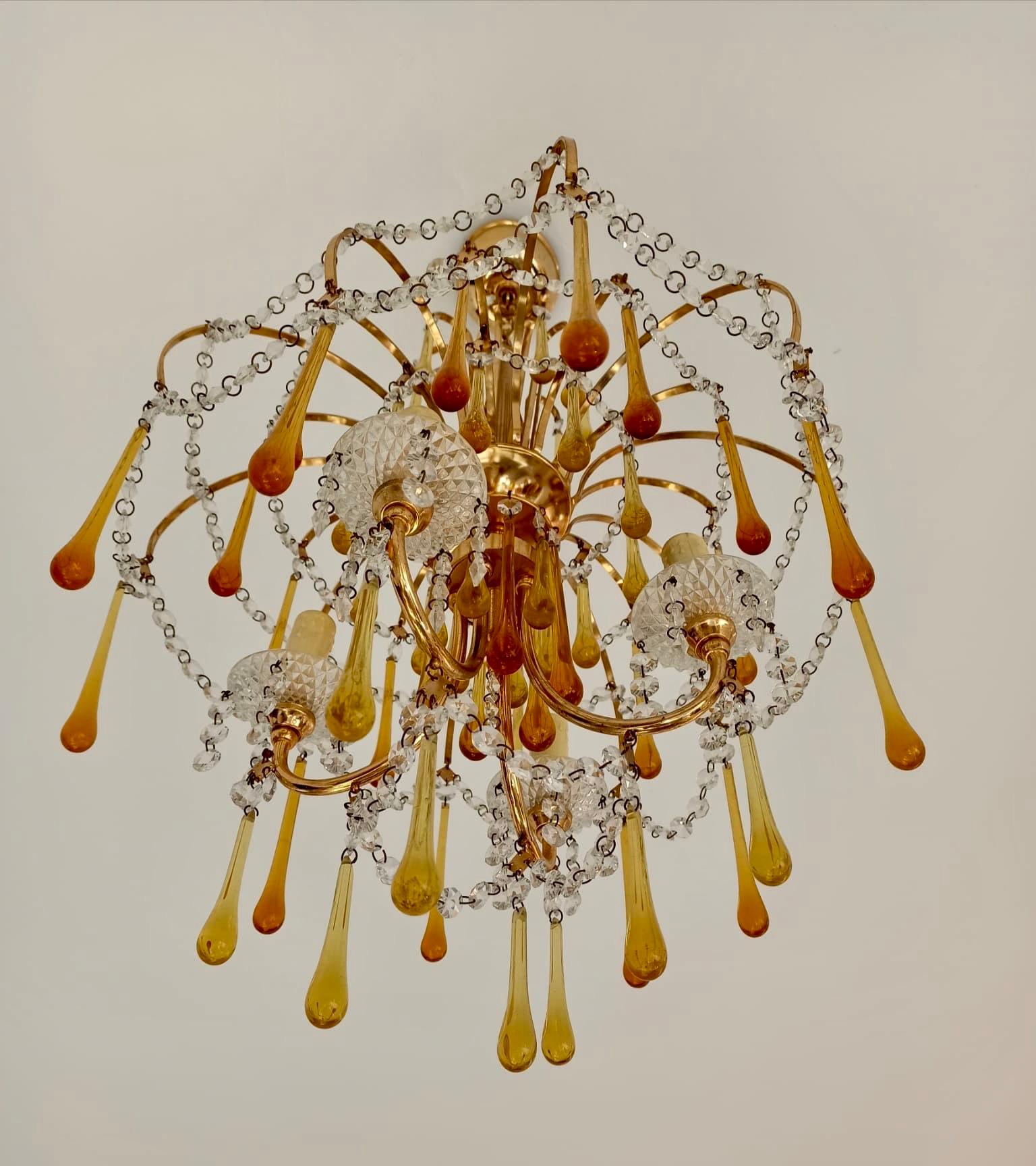 20th Century Italian Brass and Murano Amber Glass Tear Drop Chandelier by Paolo Venini, 1960 For Sale