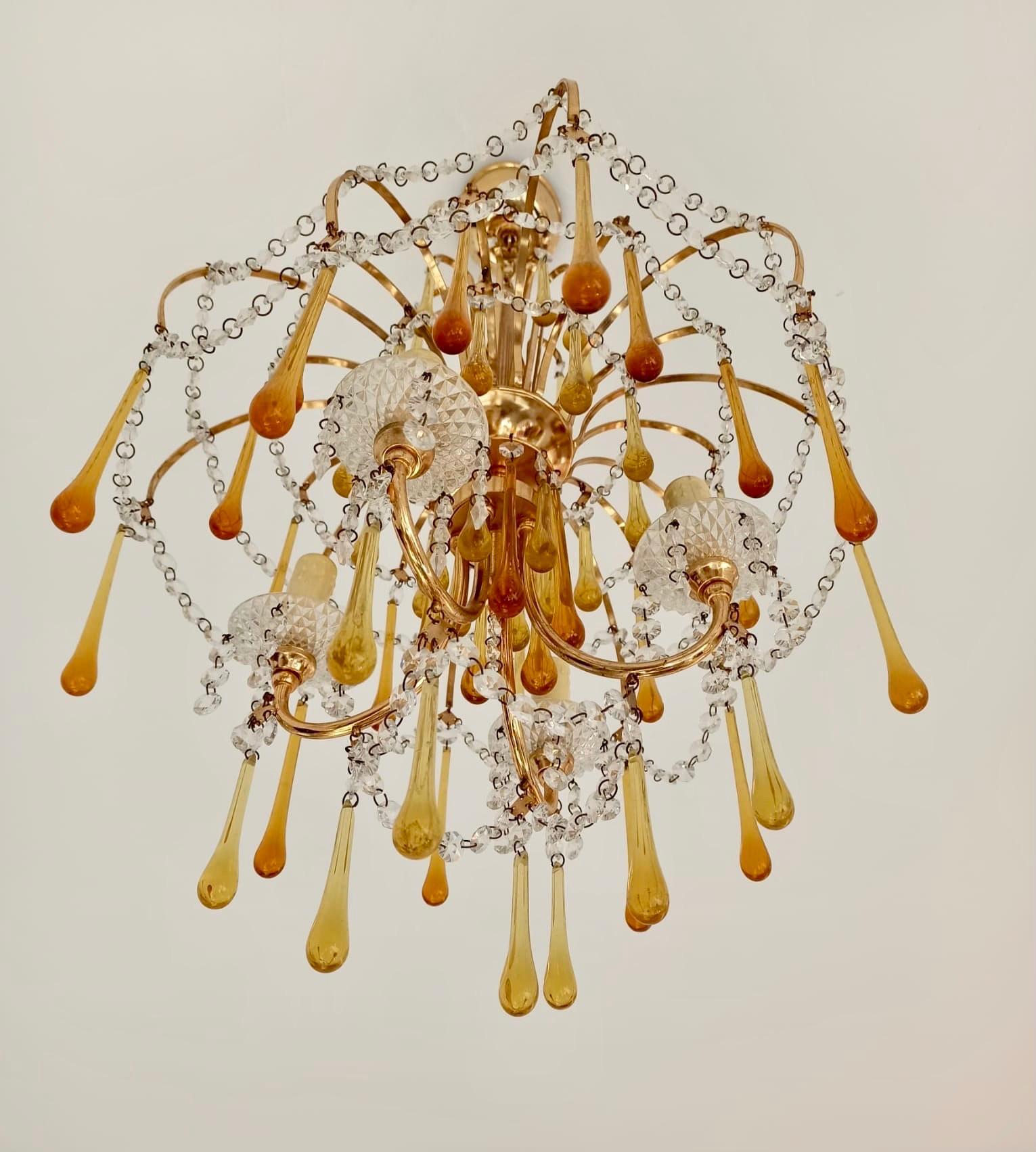 Italian Brass and Murano Amber Glass Tear Drop Chandelier by Paolo Venini, 1960 For Sale 1