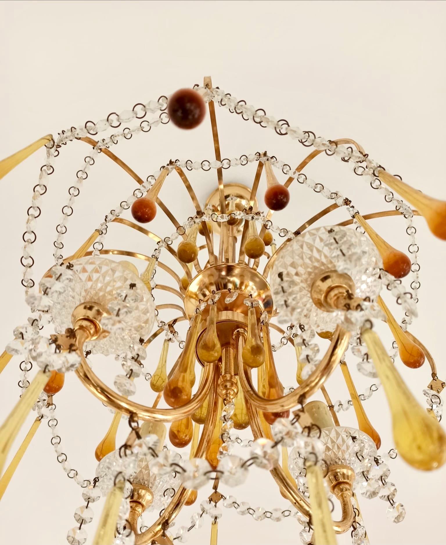 Italian Brass and Murano Amber Glass Tear Drop Chandelier by Paolo Venini, 1960 For Sale 2
