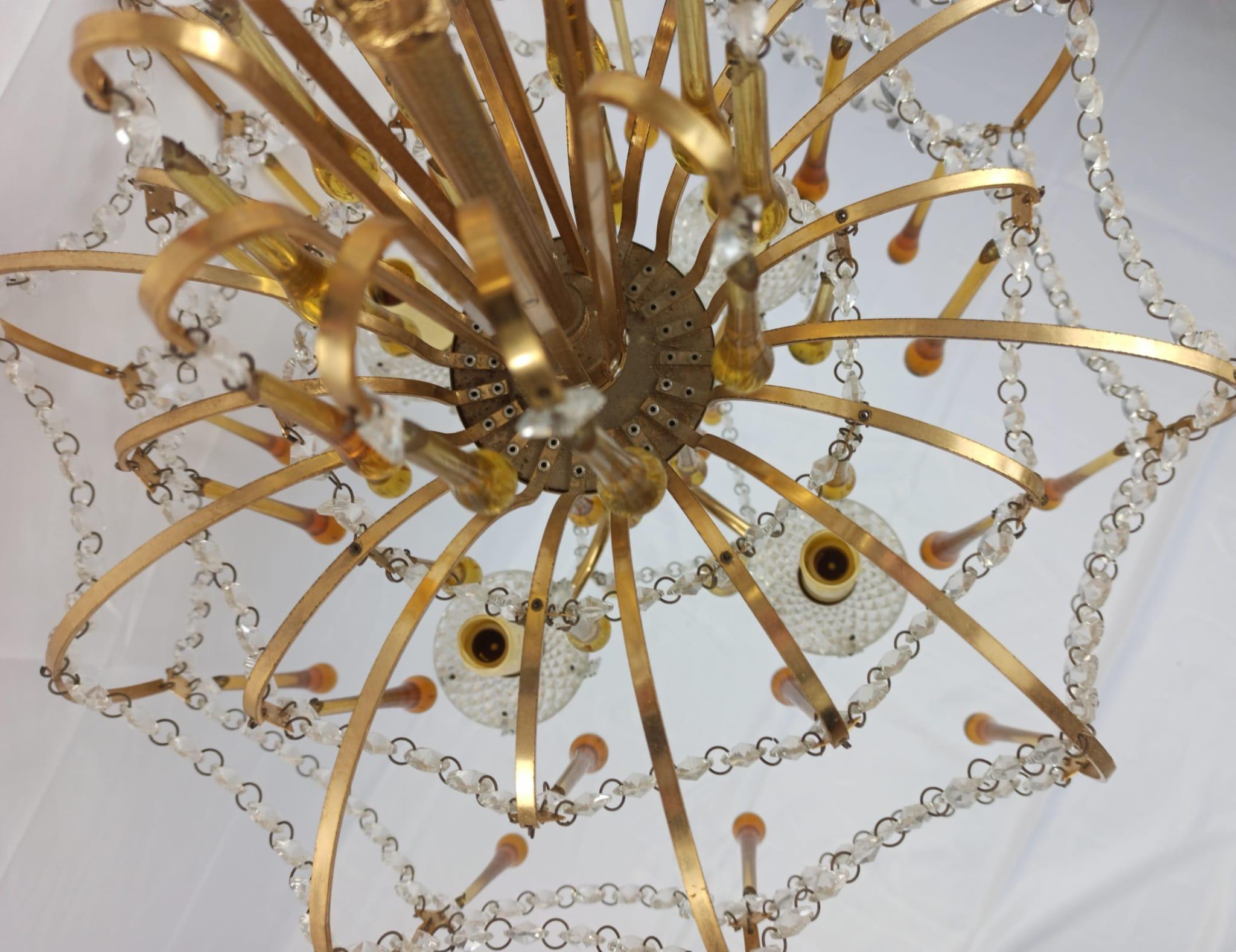 Italian Brass and Murano Amber Glass Tear Drop Chandelier by Paolo Venini, 1960 For Sale 4