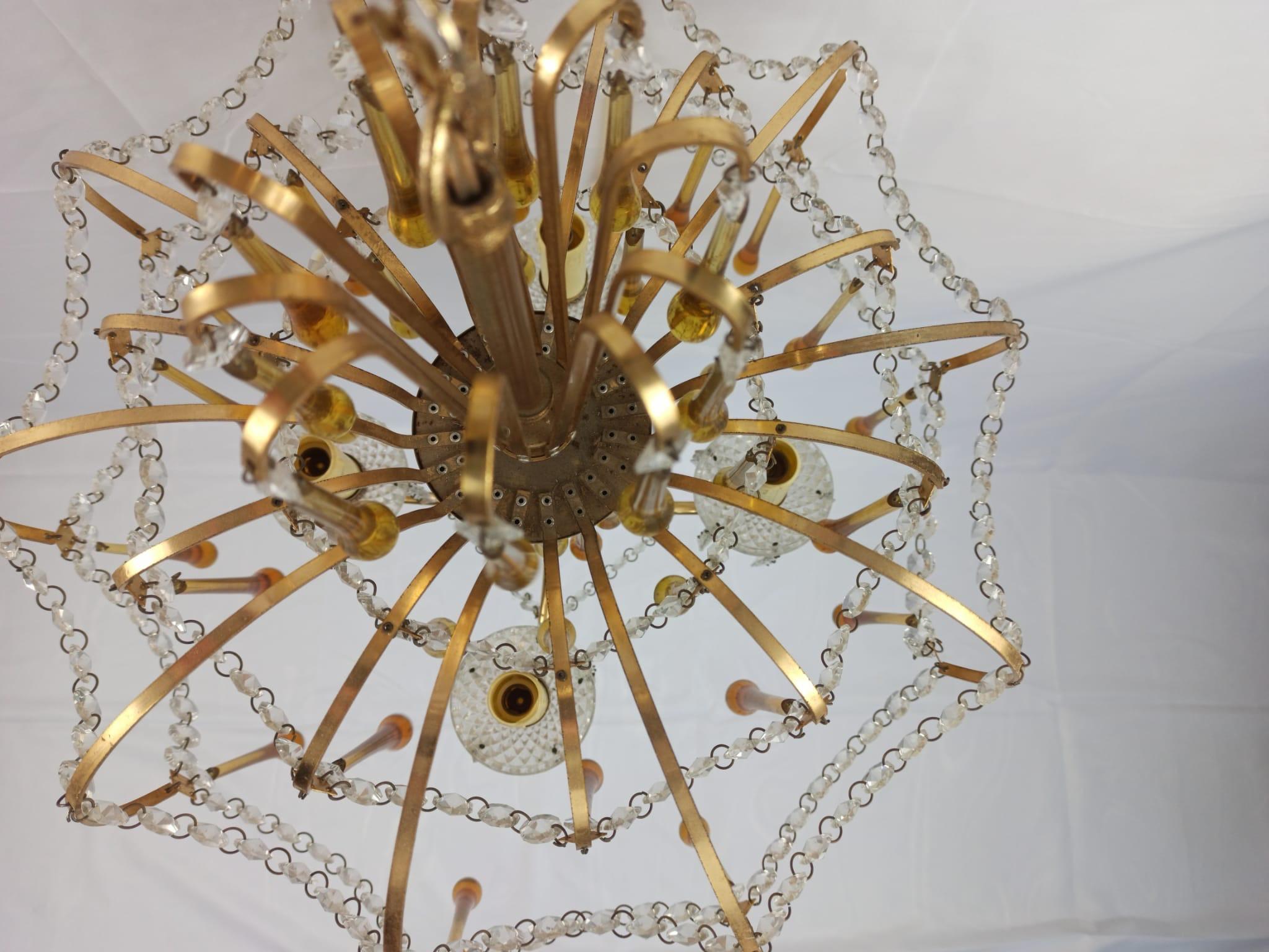 Italian Brass and Murano Amber Glass Tear Drop Chandelier by Paolo Venini, 1960 For Sale 5