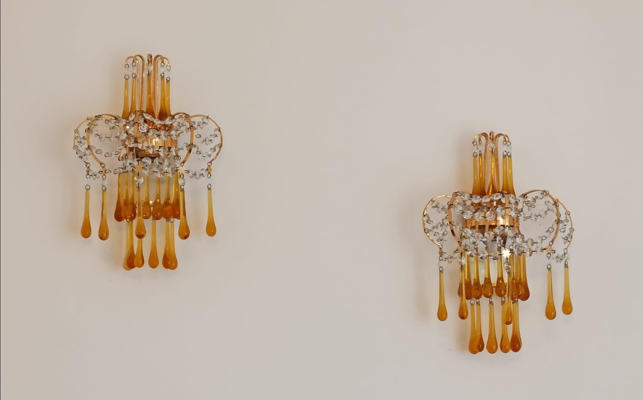 20th Century Italian Brass and Murano Amber Glass Tear Drop Wall Lights by Paolo Venini, 1960 For Sale