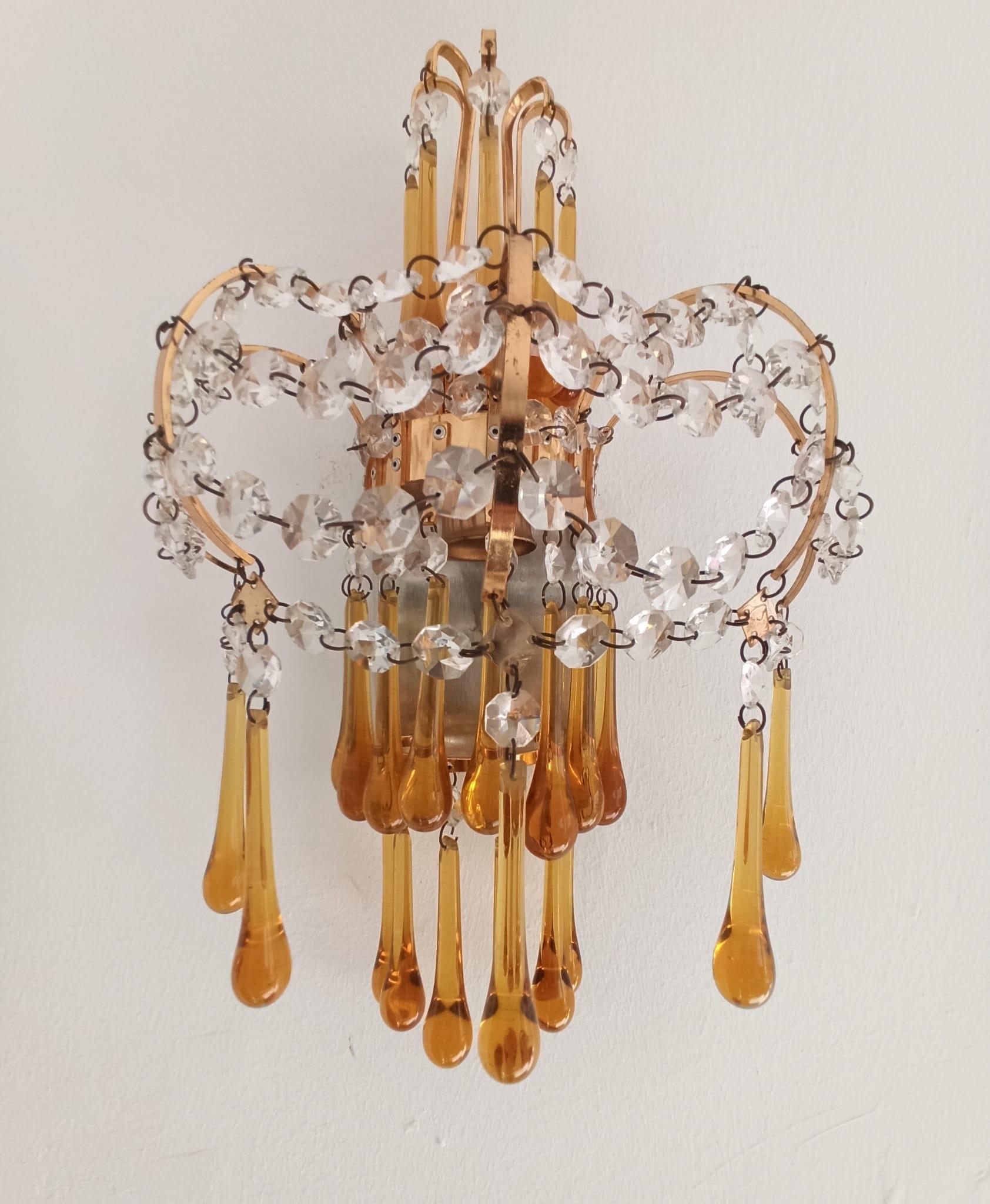 Italian Brass and Murano Amber Glass Tear Drop Wall Lights by Paolo Venini, 1960 For Sale 5
