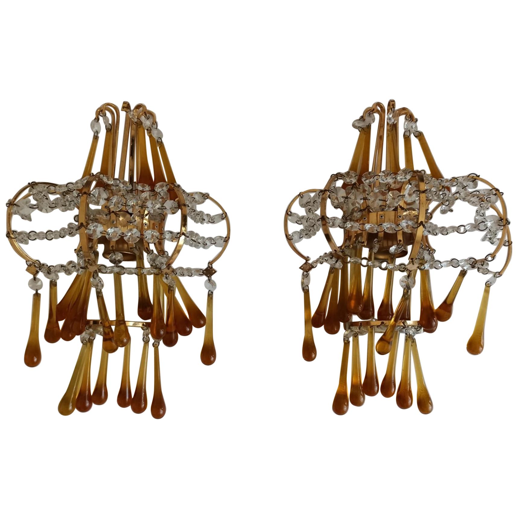 Italian Brass and Murano Amber Glass Tear Drop Wall Lights by Paolo Venini, 1960 For Sale