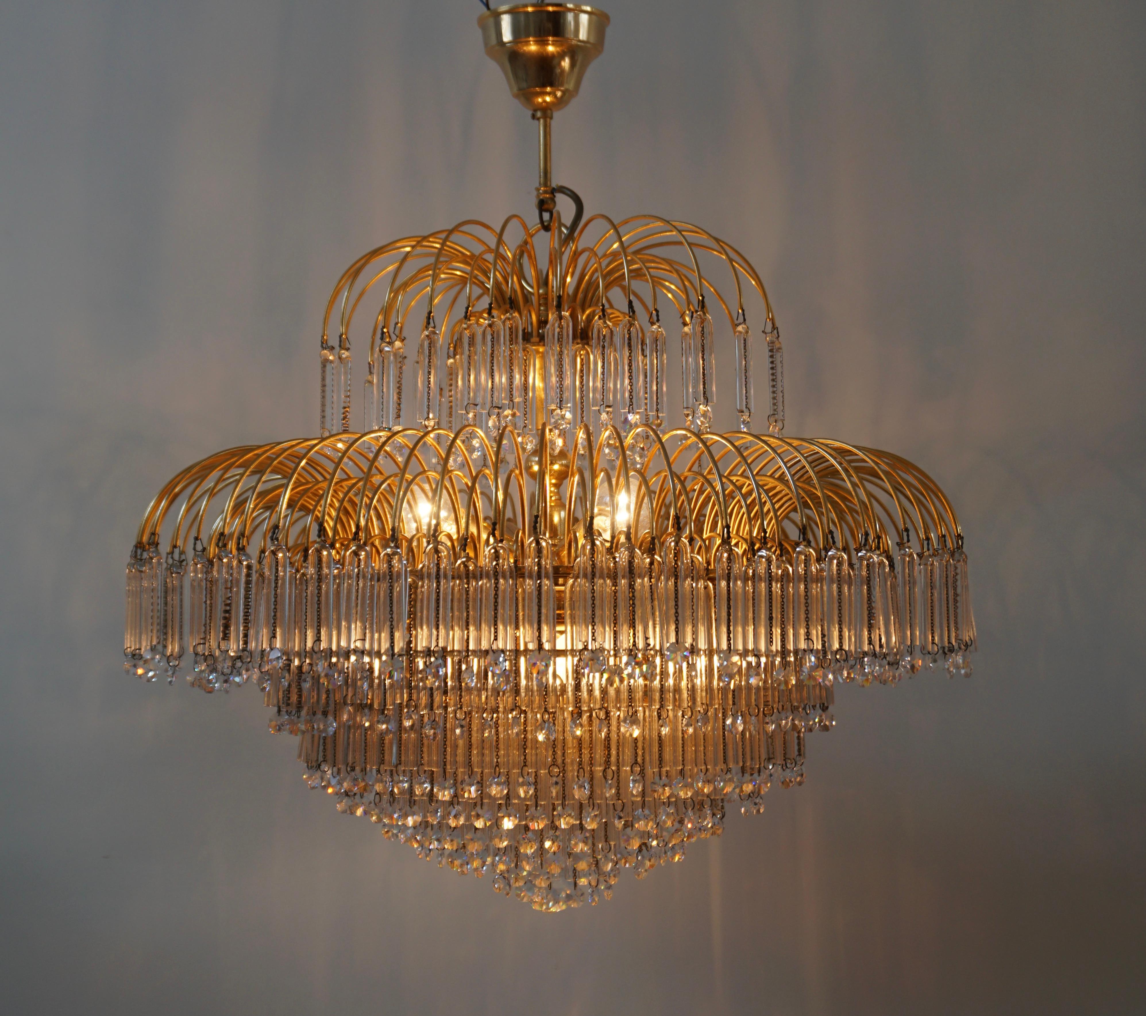 Hollywood Regency Italian Brass and Murano Crystal Glass Chandelier For Sale