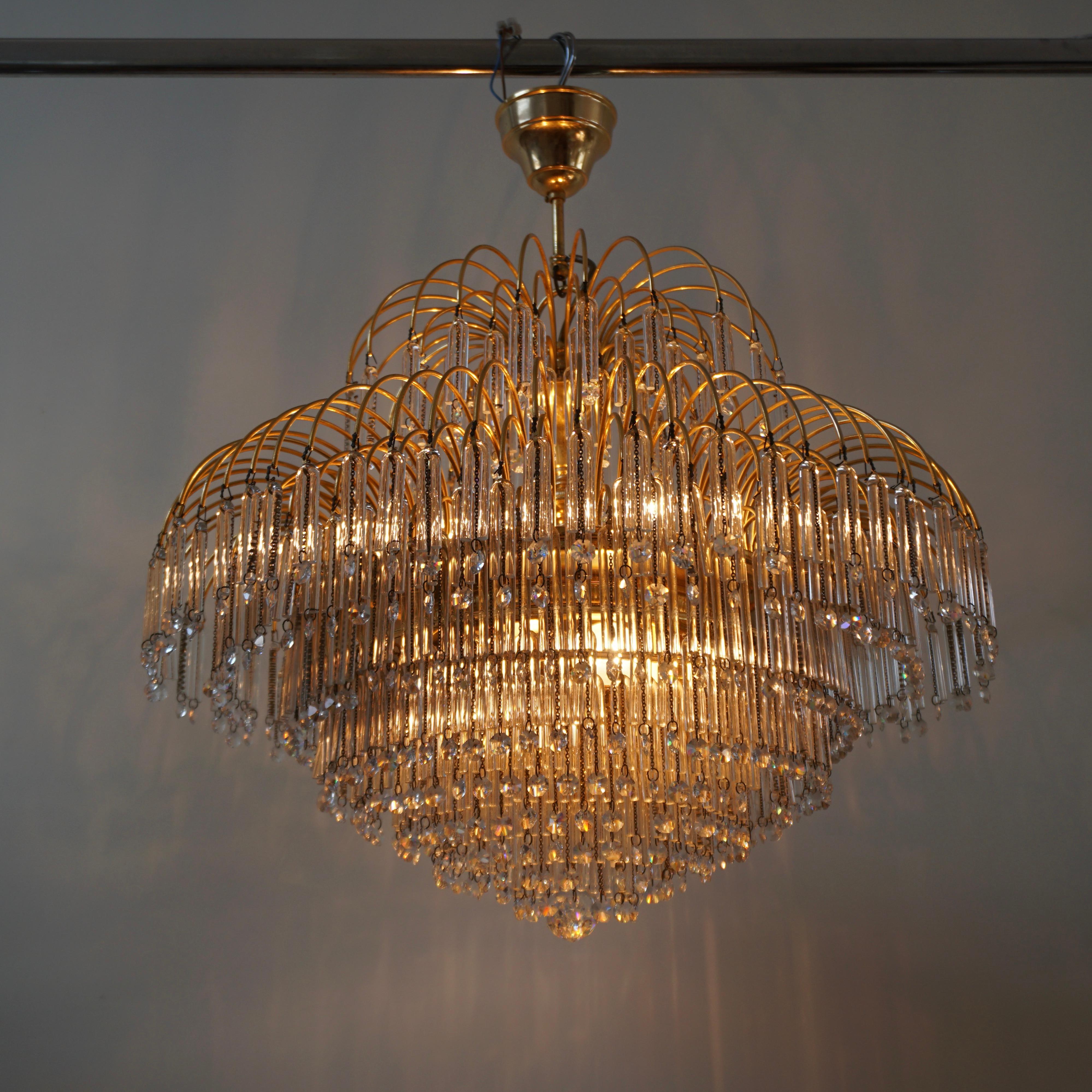 Gilt Italian Brass and Murano Crystal Glass Chandelier For Sale