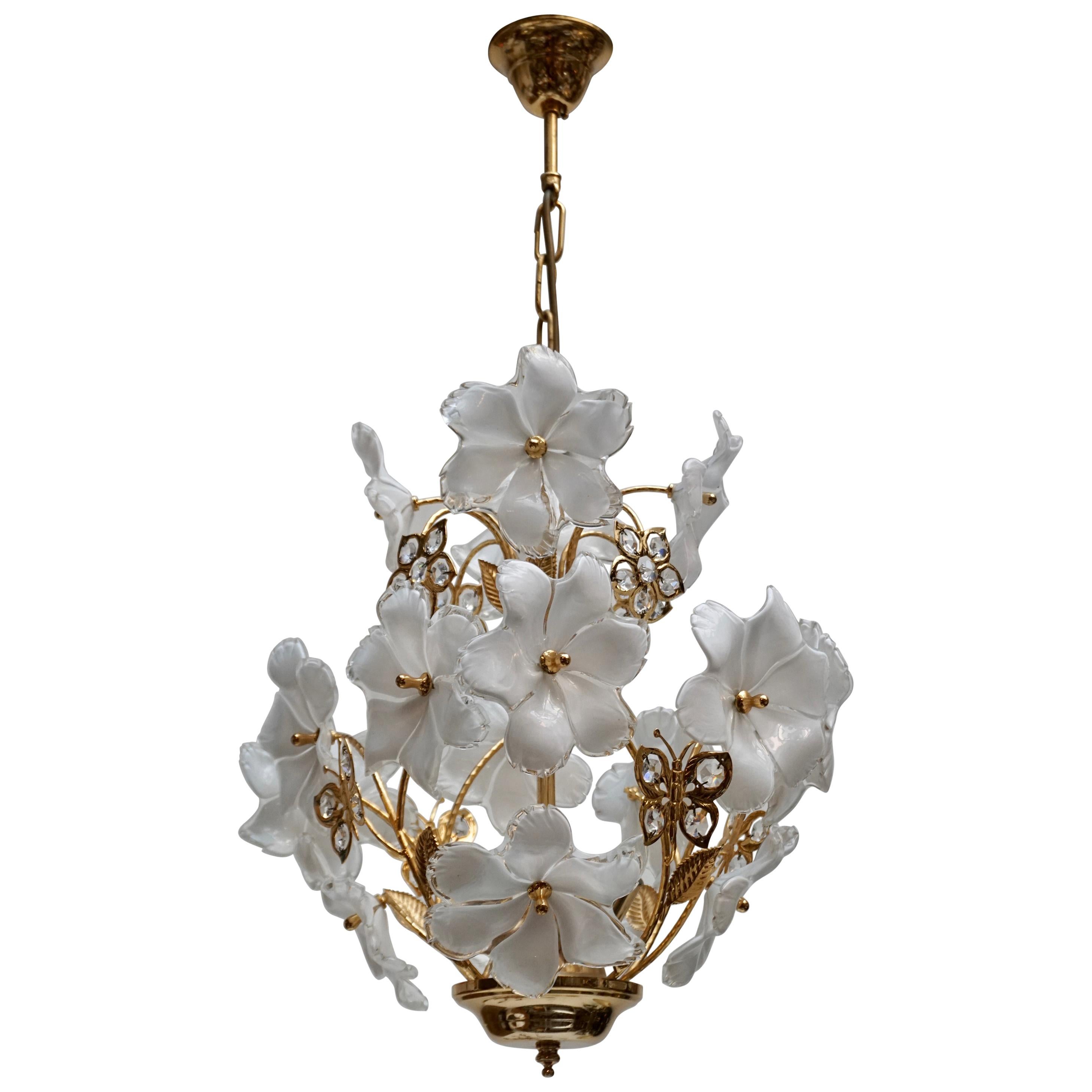 Italian Brass and Murano Glass Flower and Butterfly Chandelier