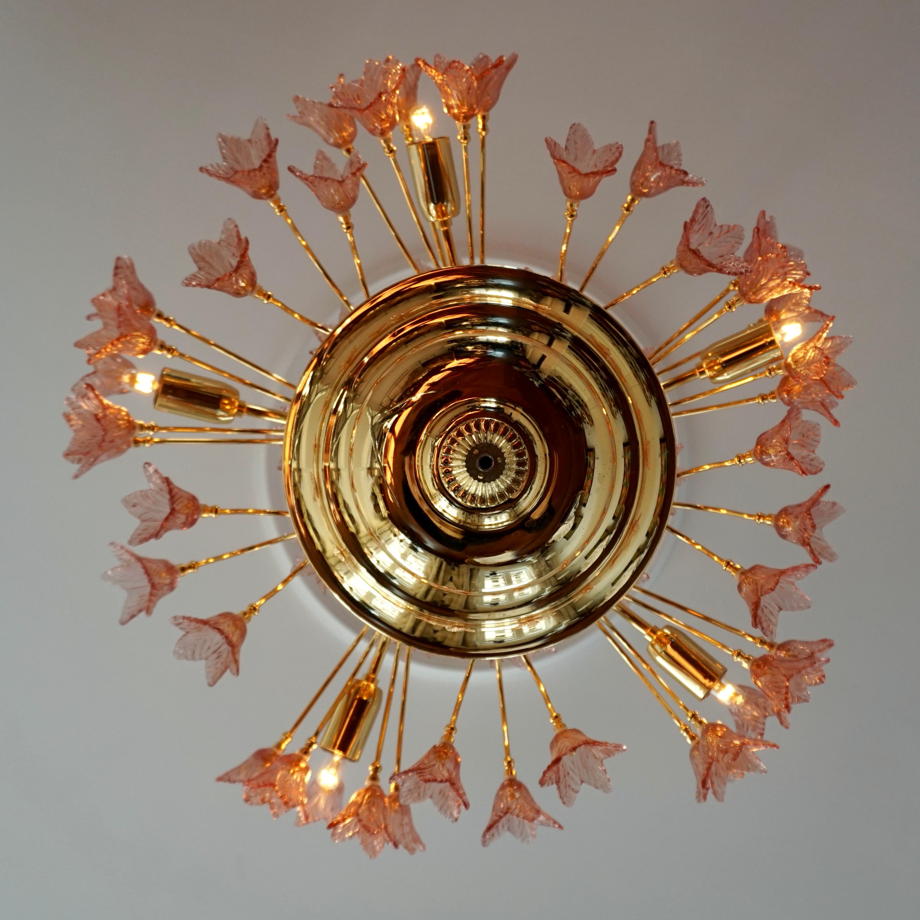 20th Century Italian Brass and Murano Glass Flower Chandelier For Sale