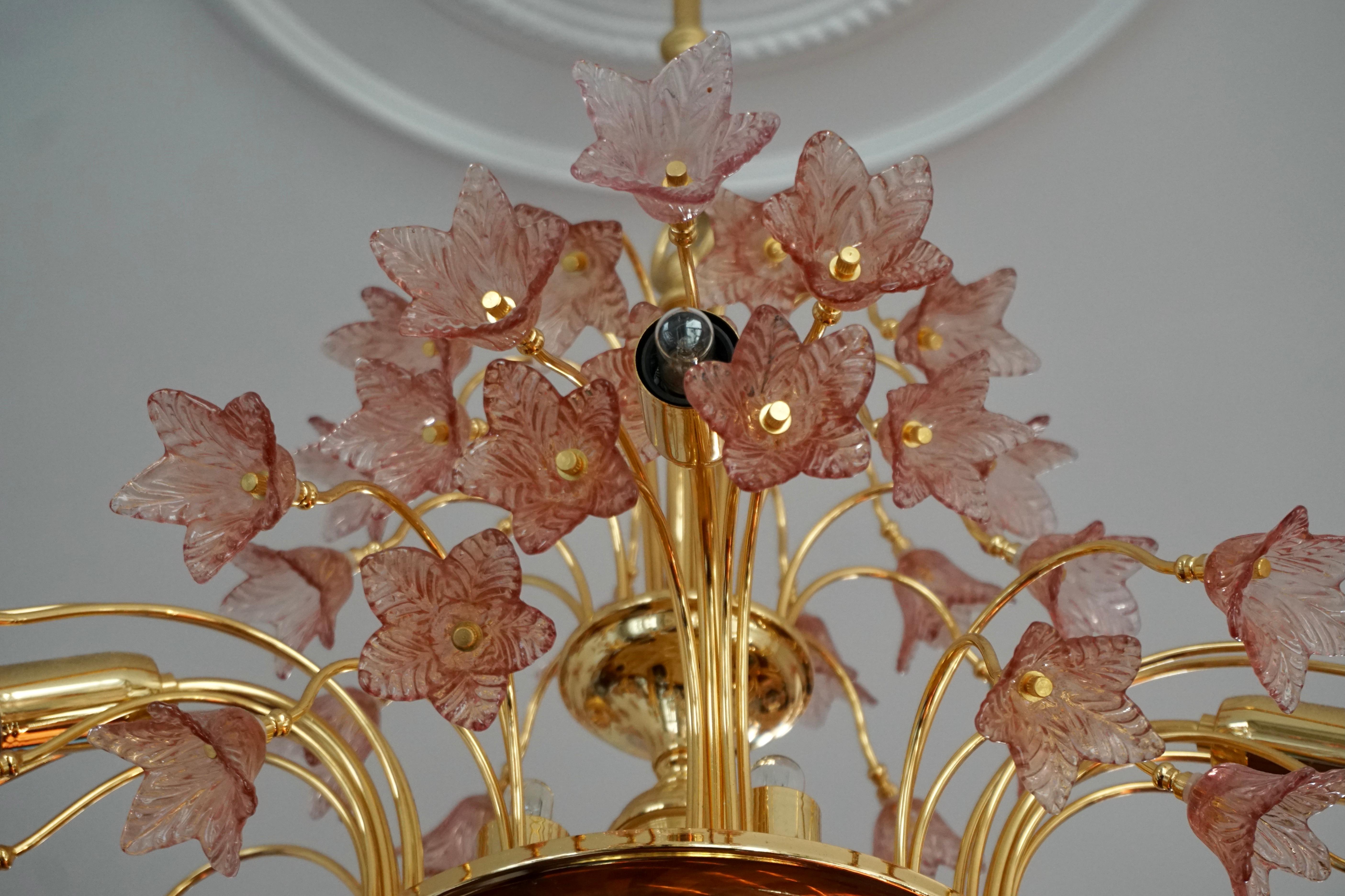 Italian Brass and Murano Glass Flower Chandelier For Sale 4
