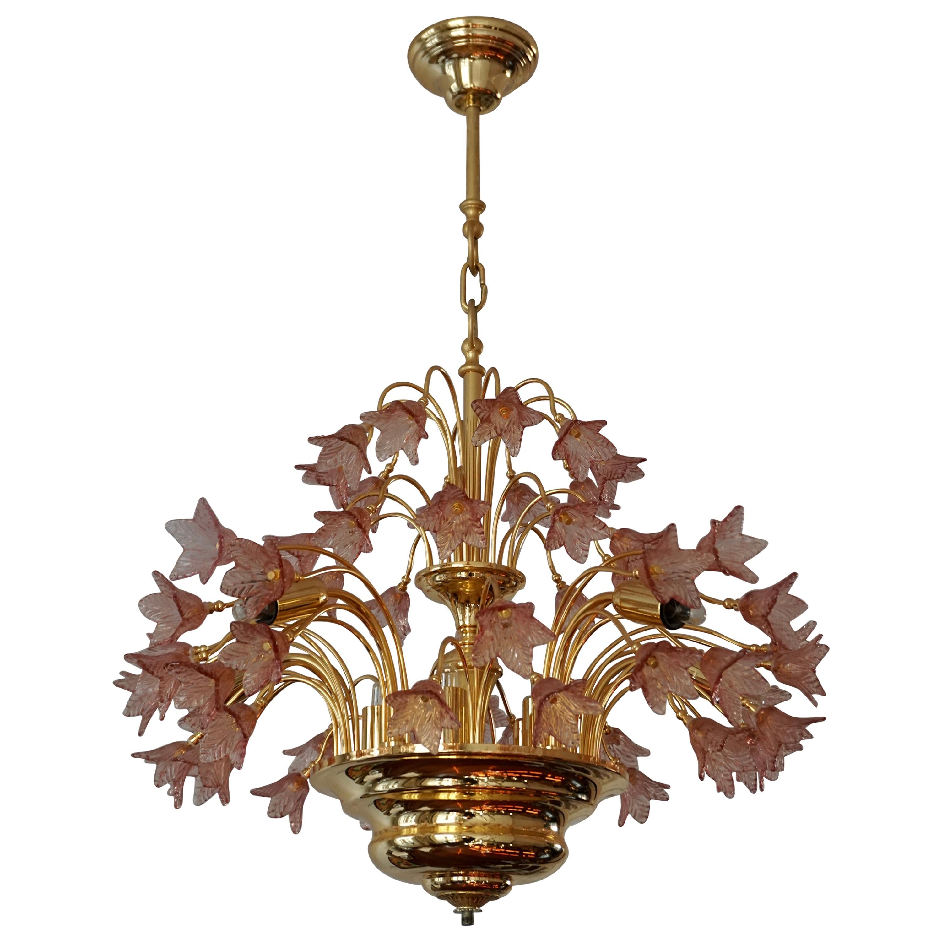 Italian Brass and Murano Glass Flower Chandelier