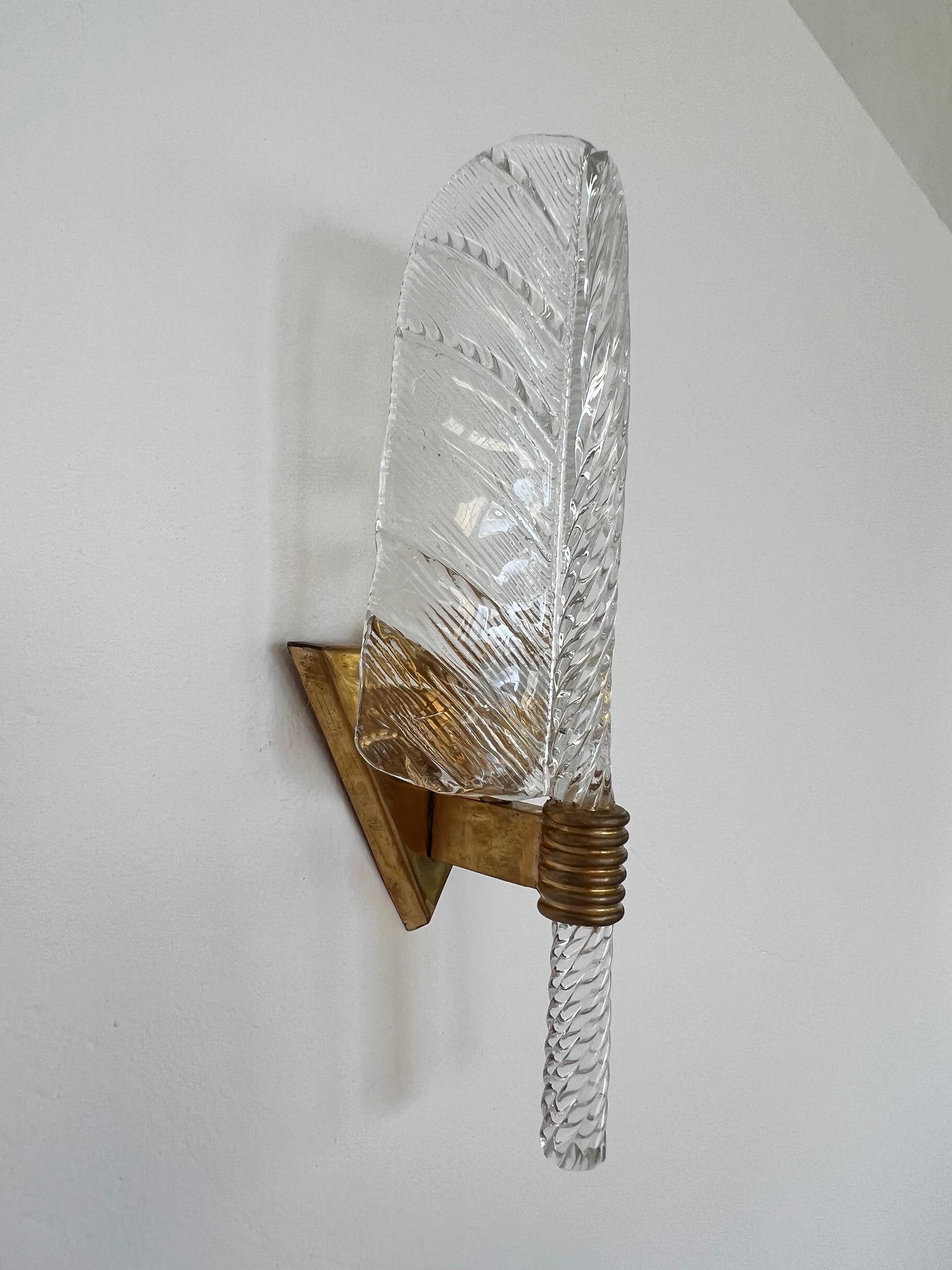 Italian Brass and Murano Glass Leaves Wall Lights in Barovier Toso Style, 1990s For Sale 4