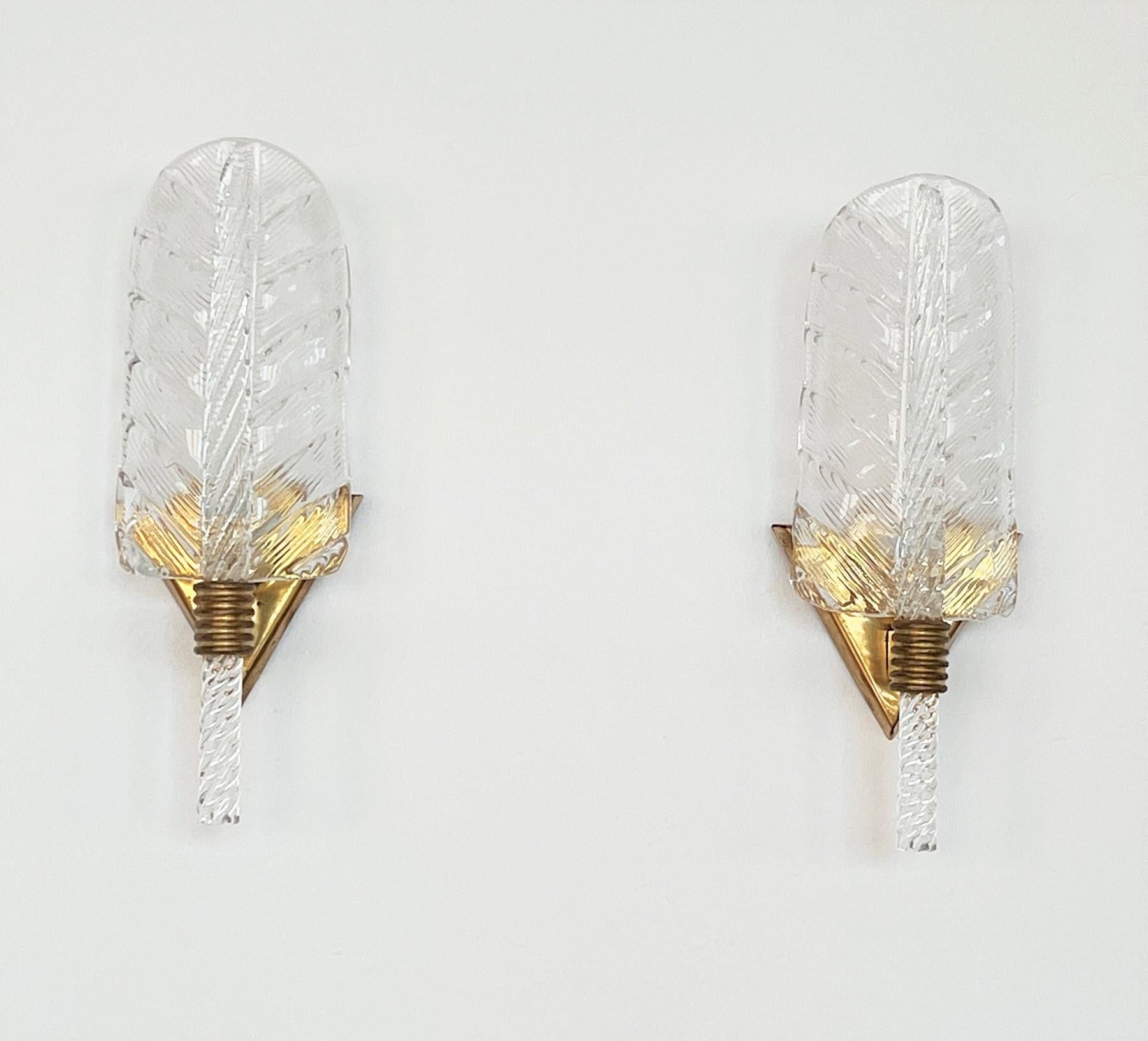 Italian Brass and Murano Glass Leaves Wall Lights in Barovier Toso Style, 1990s For Sale 5
