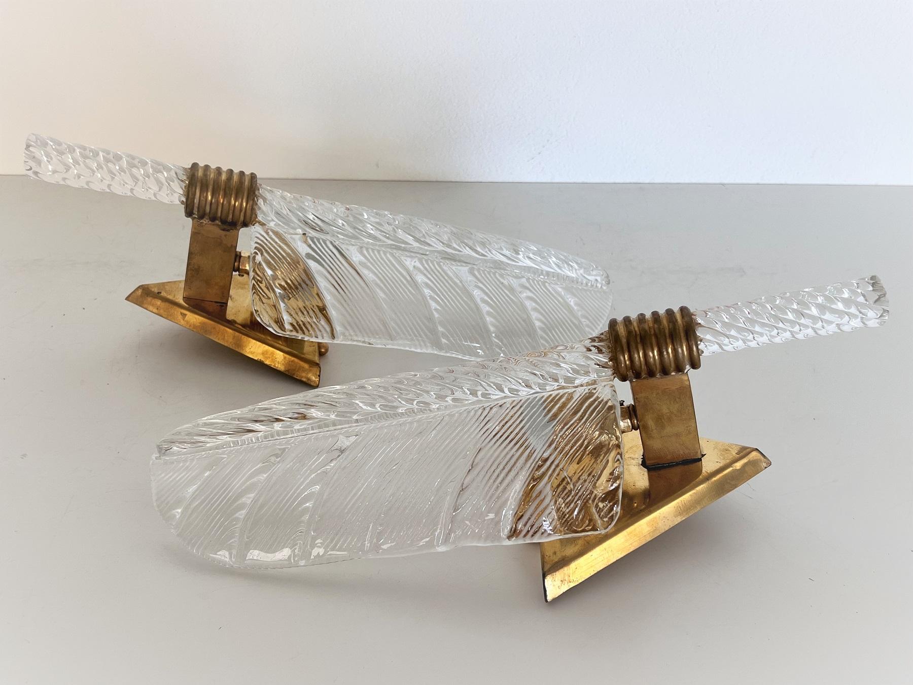 Italian Brass and Murano Glass Leaves Wall Lights in Barovier Toso Style, 1990s For Sale 6