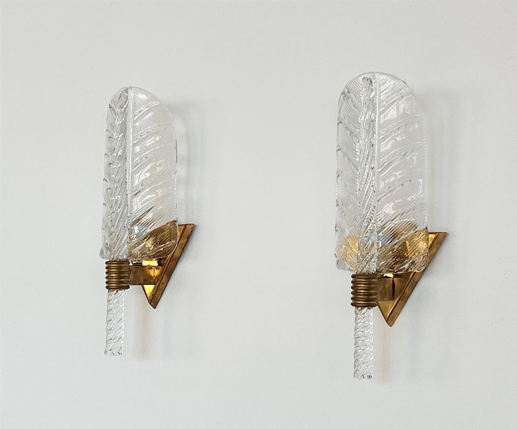 Art Deco Italian Brass and Murano Glass Leaves Wall Lights in Barovier Toso Style, 1990s For Sale