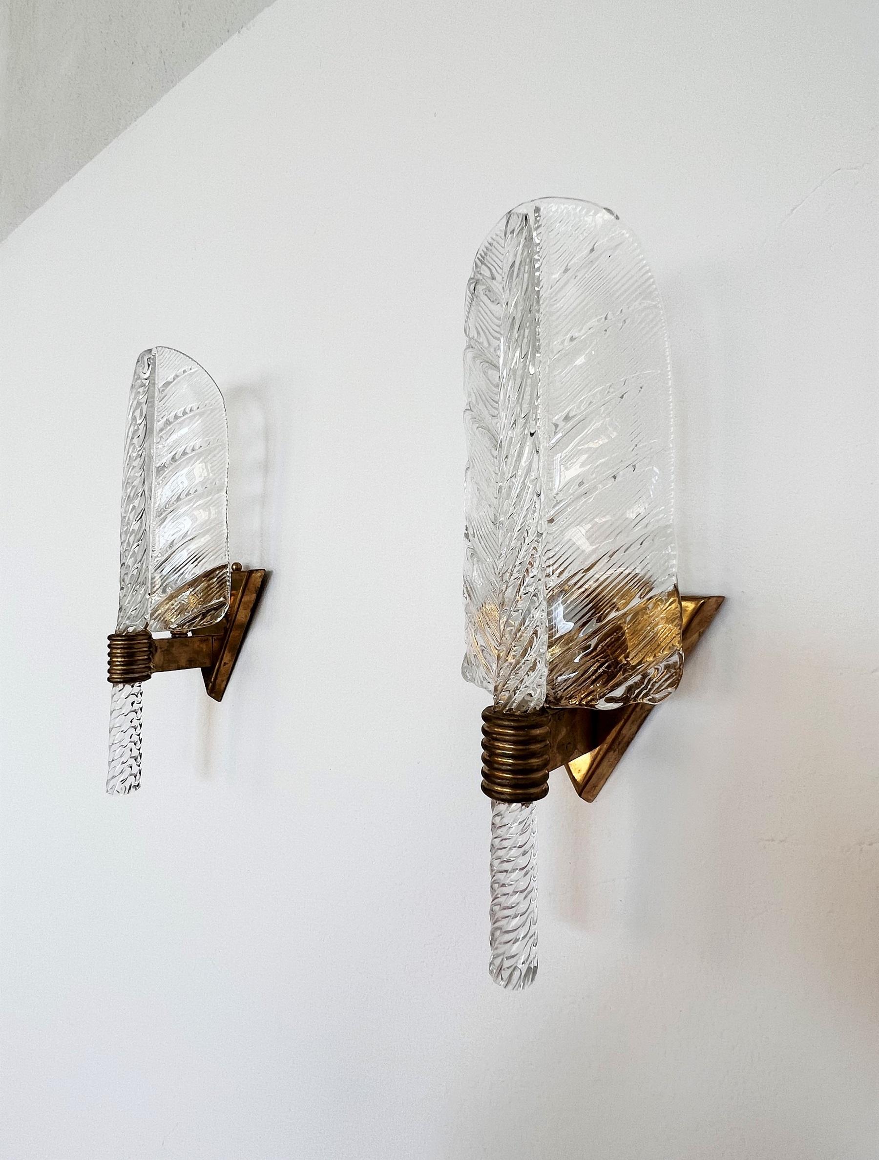 20th Century Italian Brass and Murano Glass Leaves Wall Lights in Barovier Toso Style, 1990s For Sale
