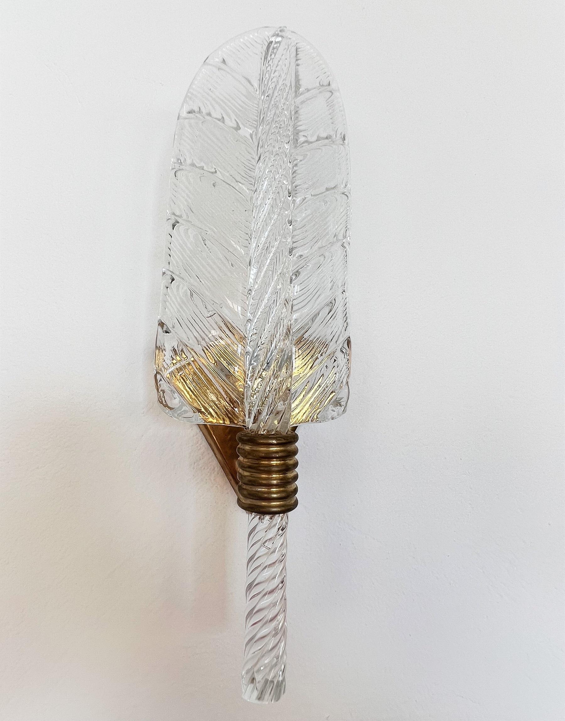 Italian Brass and Murano Glass Leaves Wall Lights in Barovier Toso Style, 1990s For Sale 3