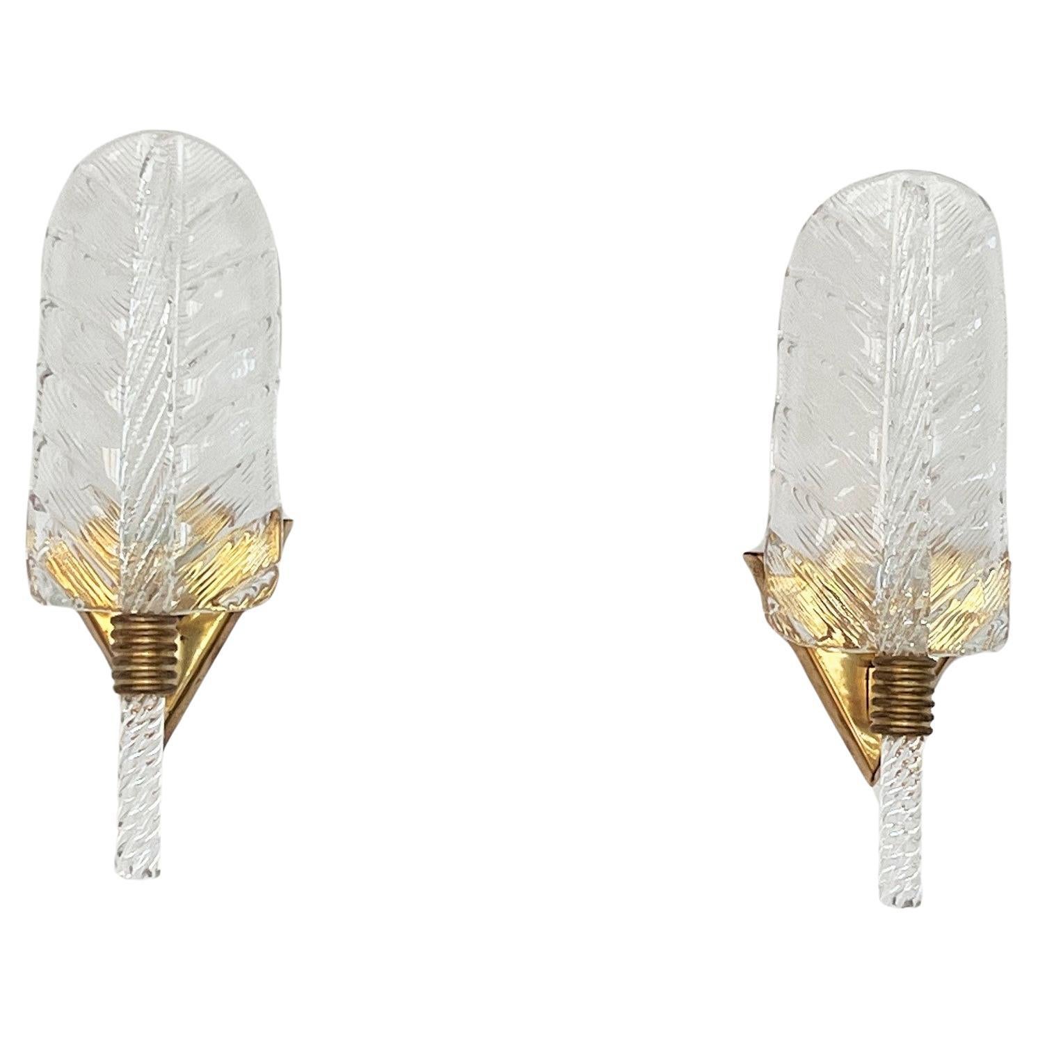Italian Brass and Murano Glass Leaves Wall Lights in Barovier Toso Style, 1990s For Sale