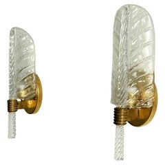 Italian Brass and Murano Glass Leaves Wall Lights in Barovier Toso Style, 1990s