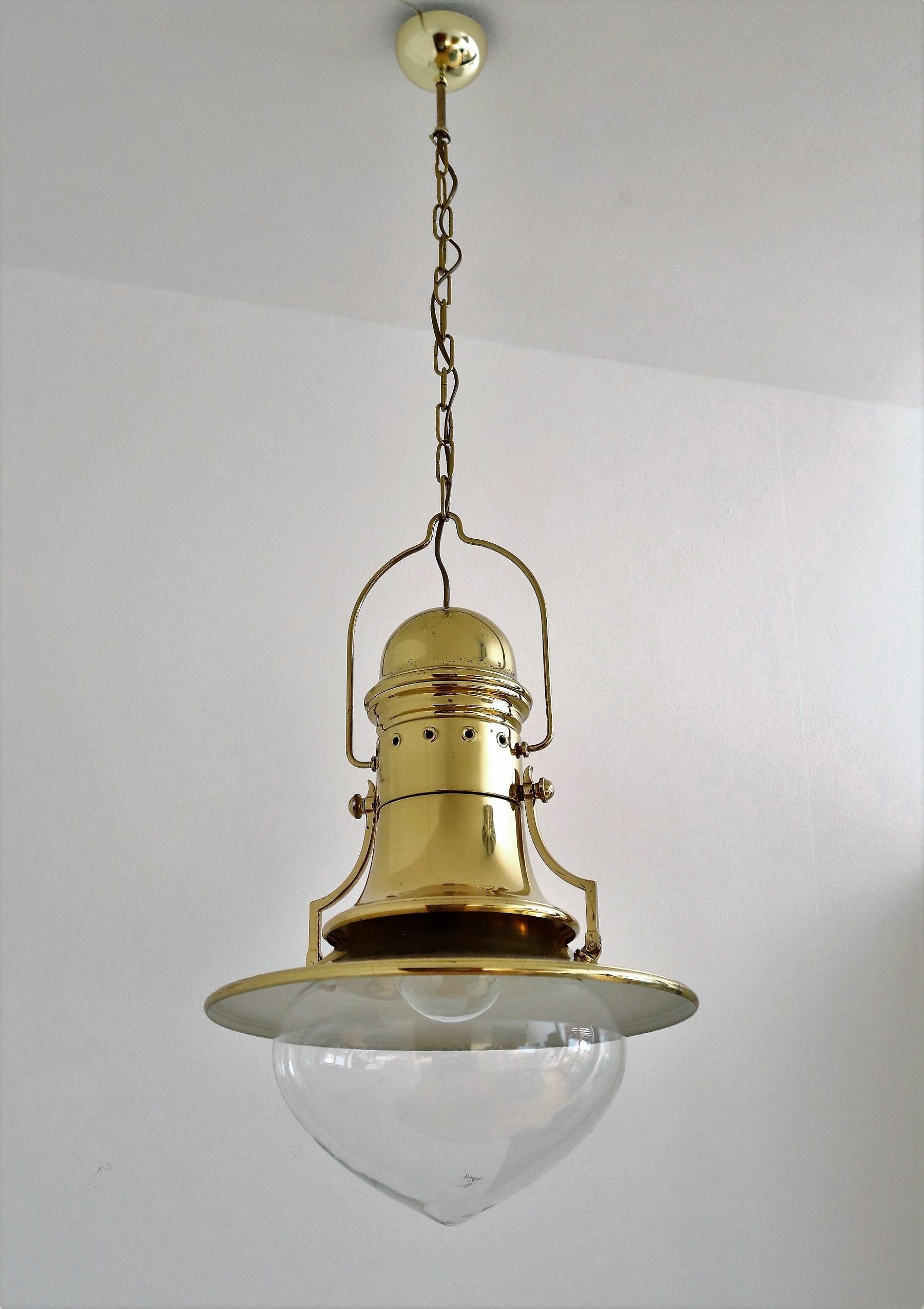 Italian Brass and Murano Glass Pendant Lamp or Lantern in Nautical Style, 1970s 6