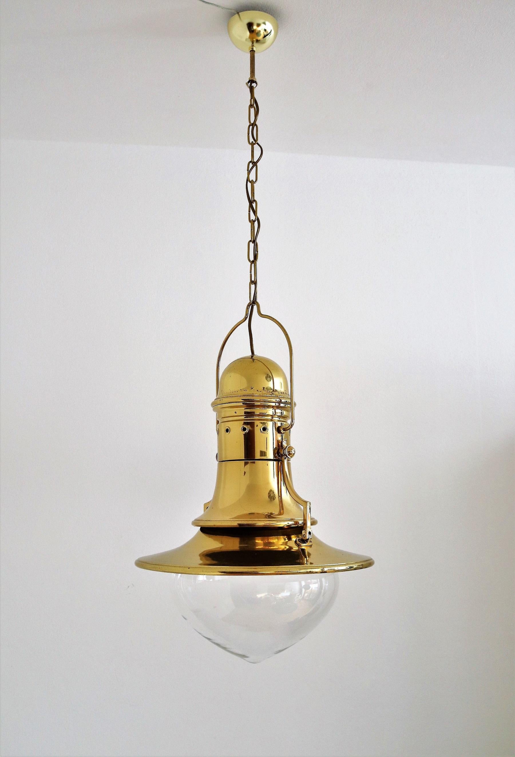 Italian Brass and Murano Glass Pendant Lamp or Lantern in Nautical Style, 1970s 3