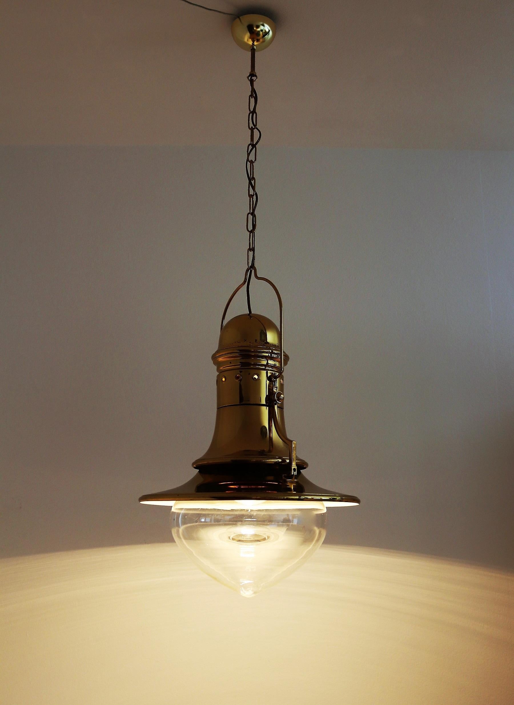 Italian Brass and Murano Glass Pendant Lamp or Lantern in Nautical Style, 1970s 4