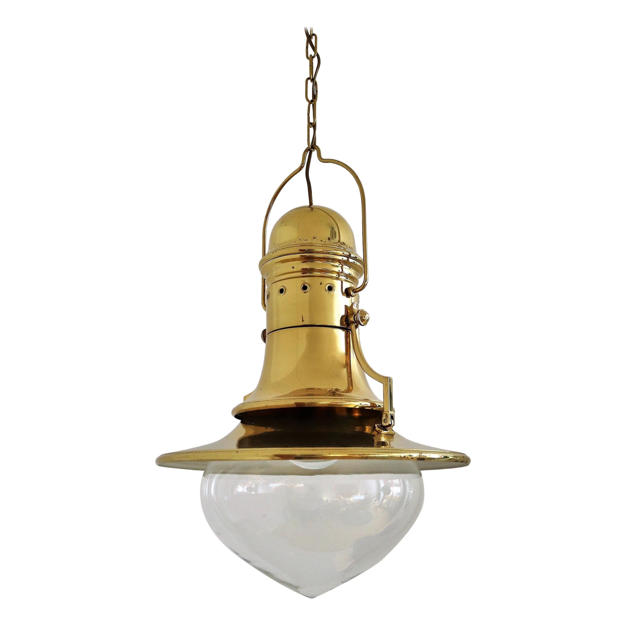Italian Brass and Murano Glass Pendant Lamp or Lantern in Nautical Style, 1970s