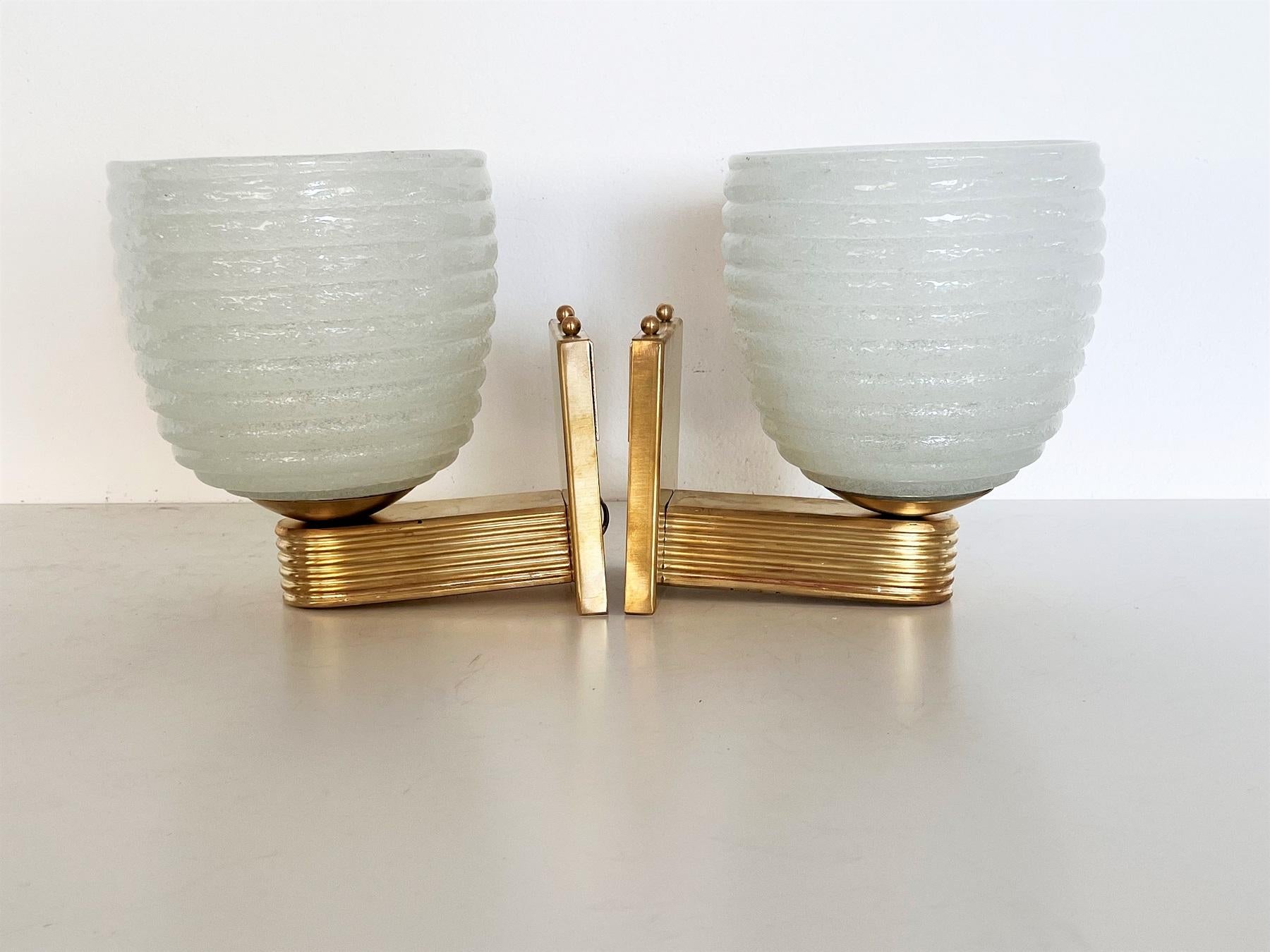 Italian Brass and Murano Glass Wall Lights or Sconces in Art Deco Style, 1970s 5