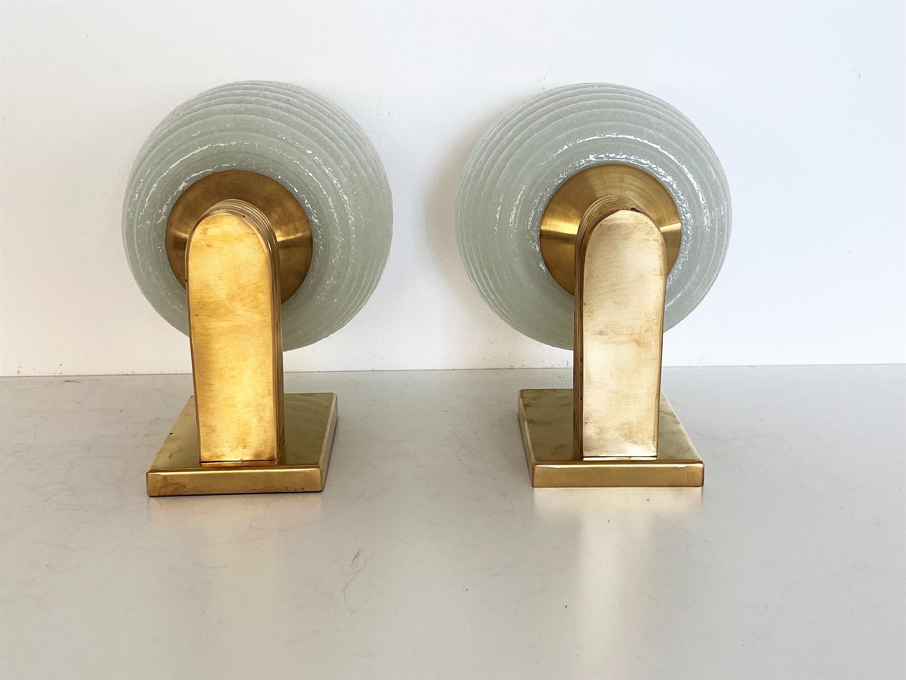 Italian Brass and Murano Glass Wall Lights or Sconces in Art Deco Style, 1970s 6