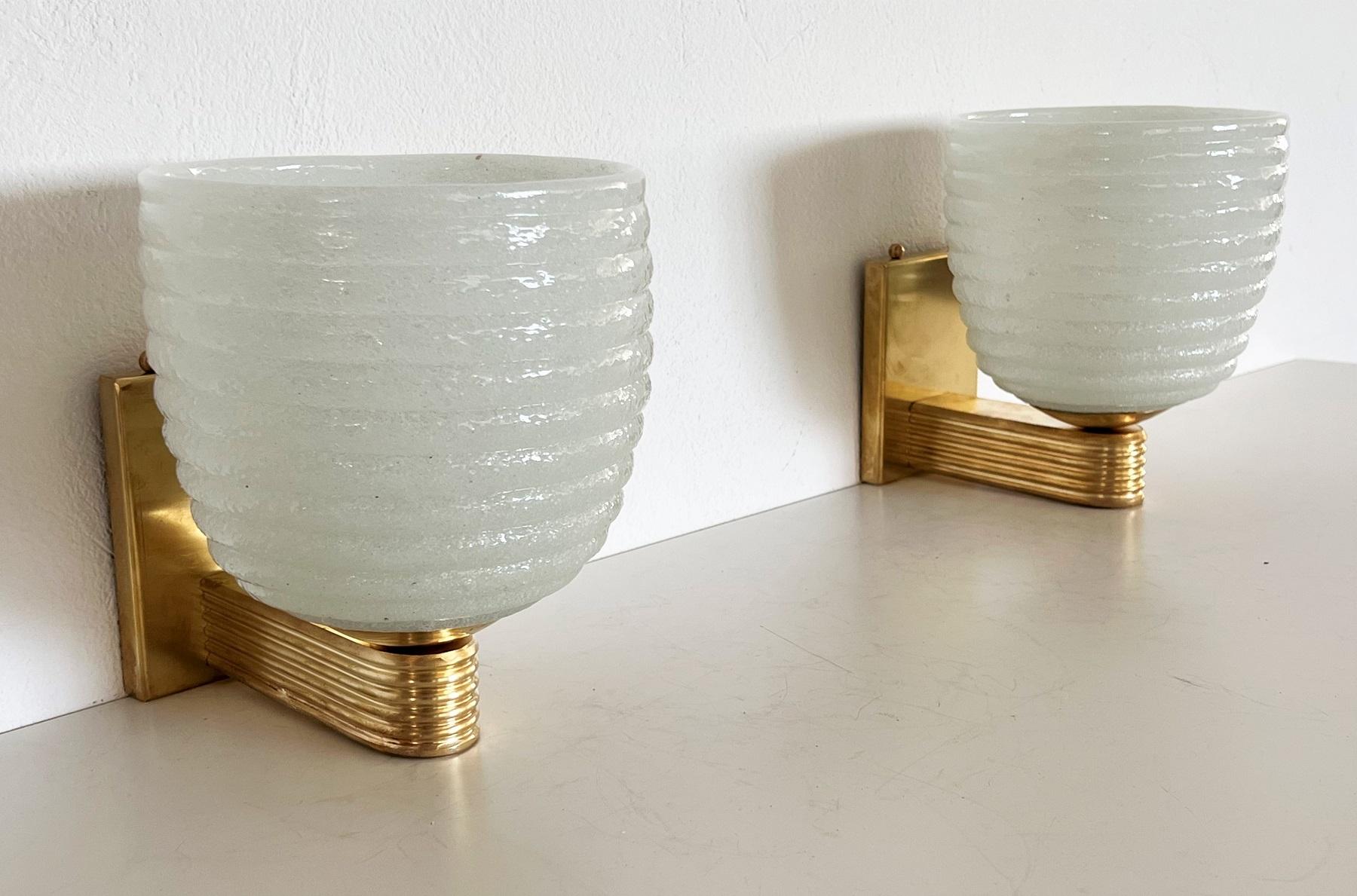 Italian Brass and Murano Glass Wall Lights or Sconces in Art Deco Style, 1970s 8