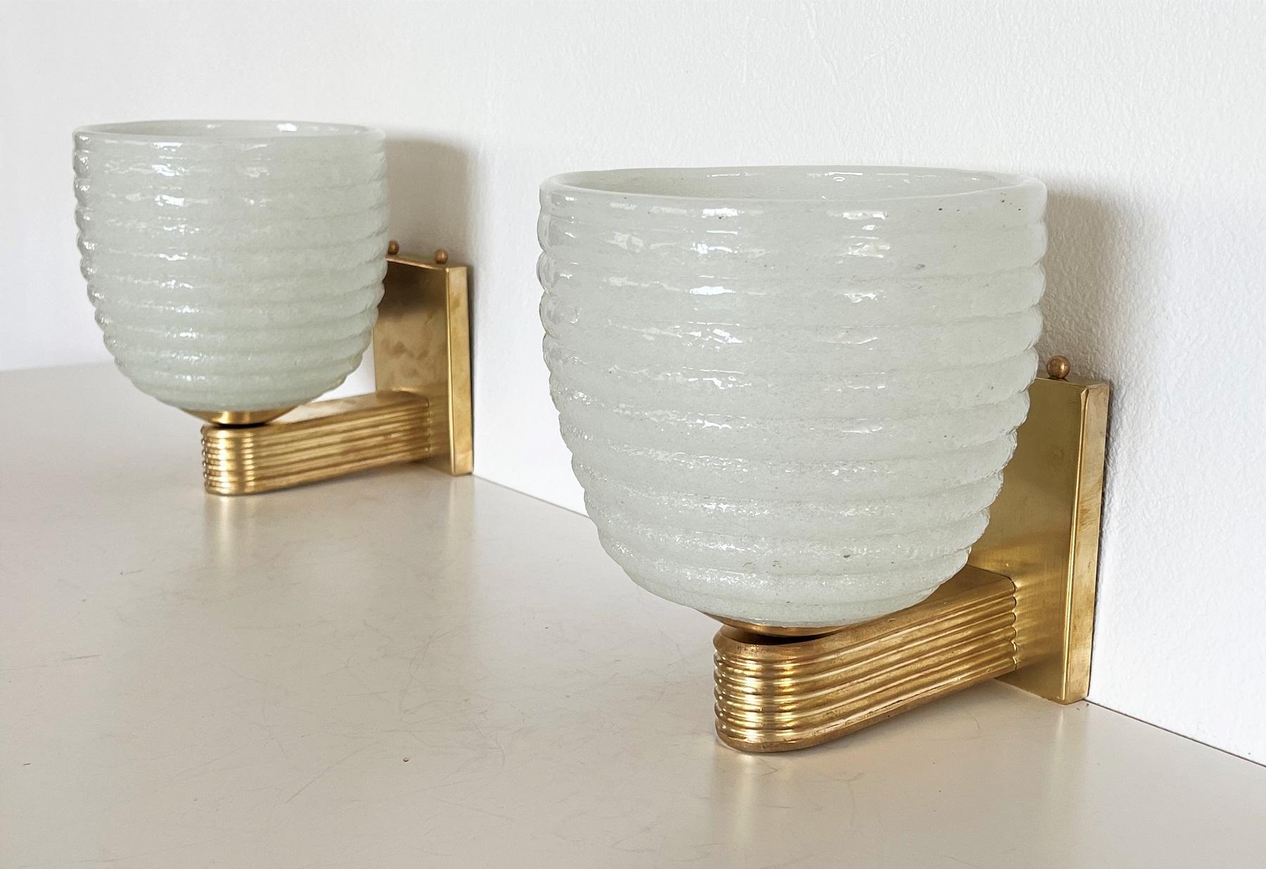 Italian Brass and Murano Glass Wall Lights or Sconces in Art Deco Style, 1970s 9