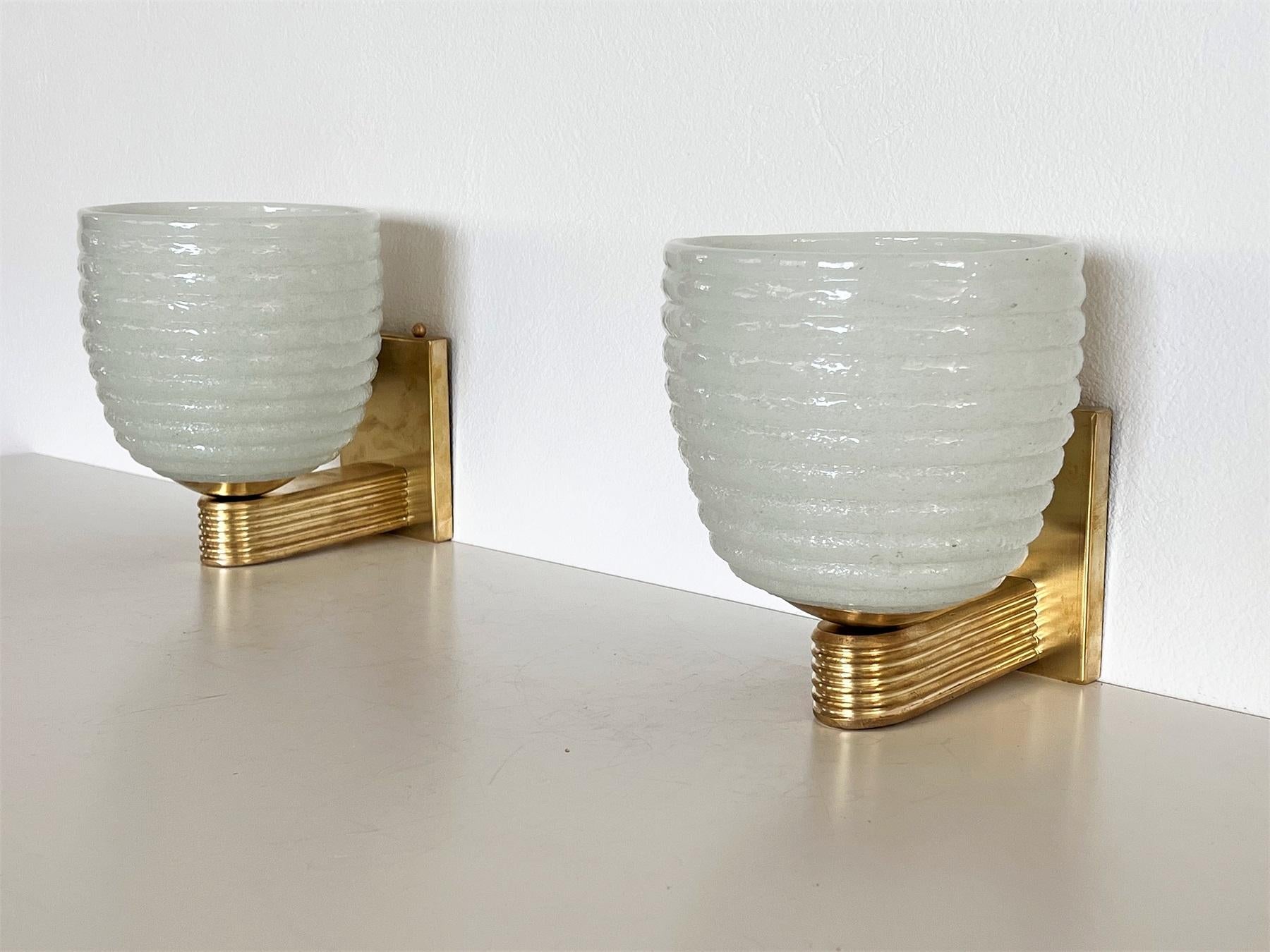 Italian Brass and Murano Glass Wall Lights or Sconces in Art Deco Style, 1970s 10